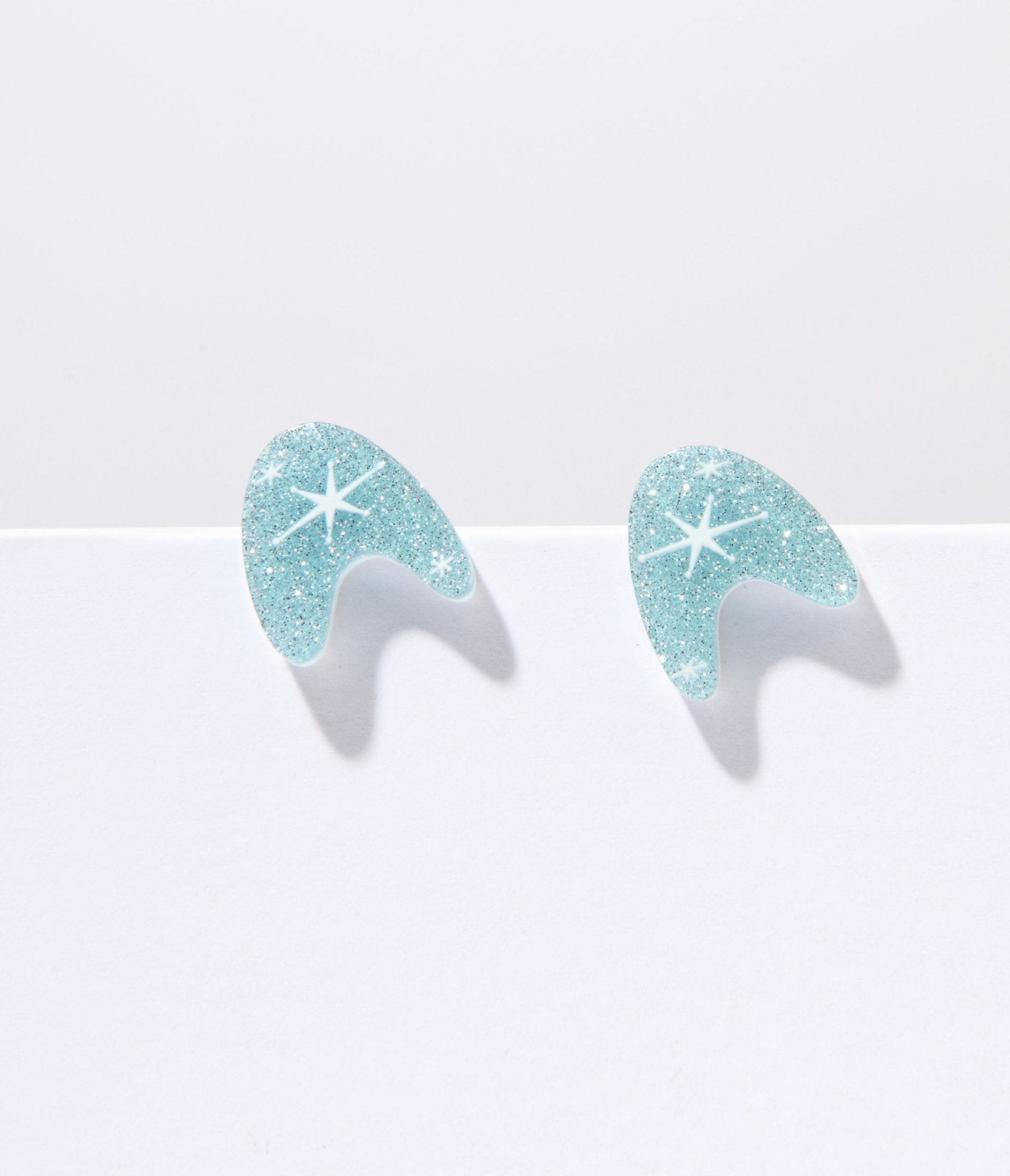 Blue Glitter Atomic Boomerang Stud Earrings