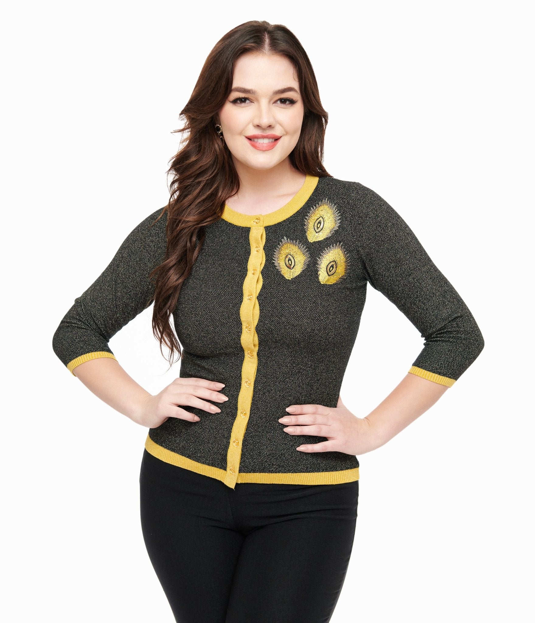 Unique Vintage 1950s Black & Gold Peacock Feather Embroidered Bookworm Cardigan