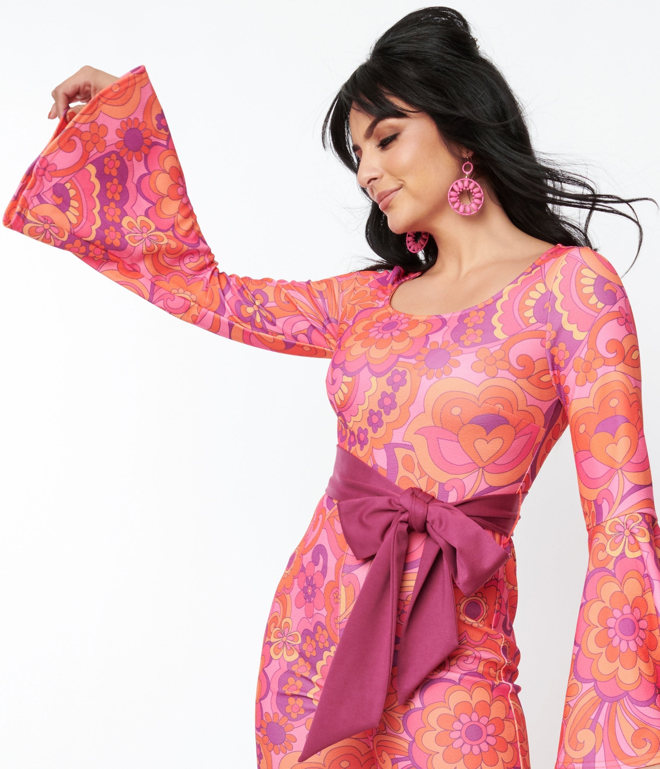 Smak Parlour Pink Mod Floral Bell Sleeve Jumpsuit