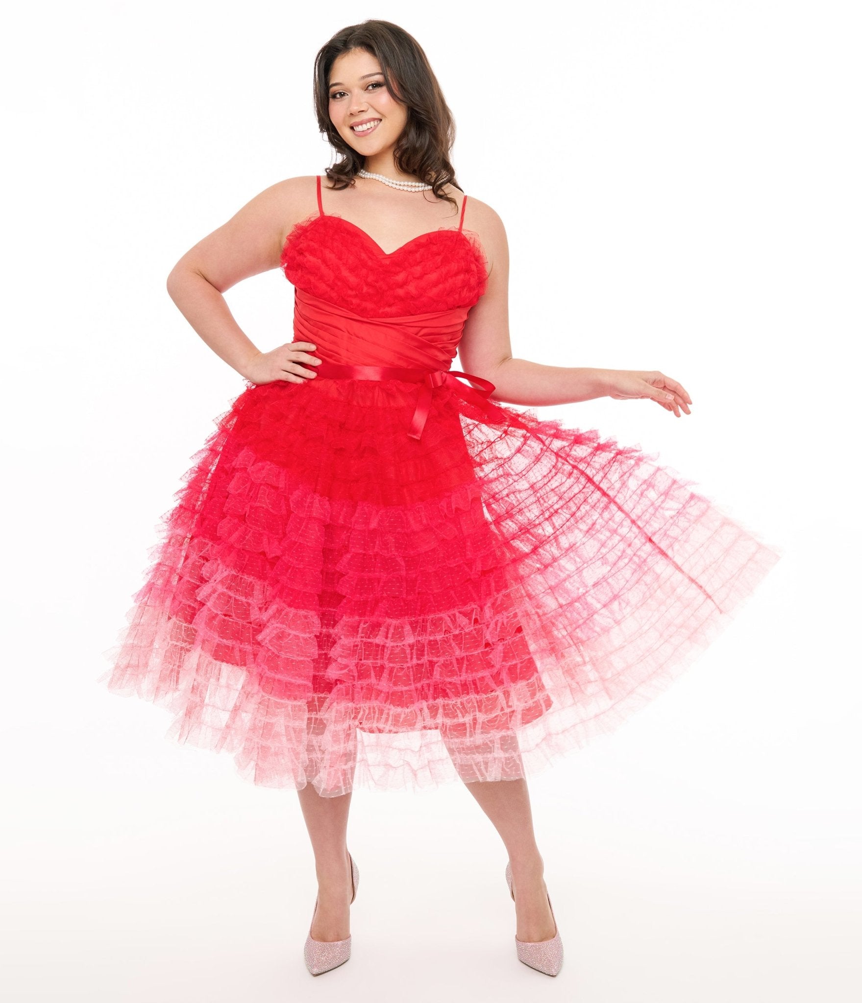 Unique Vintage Plus Size 1950s Red & Pink Ombre Tulle Cupcake Swing Dress