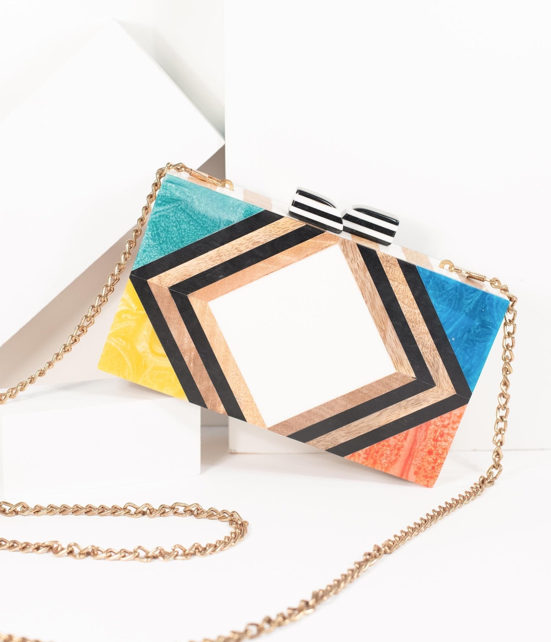 1960s Style Rainbow Chevron Wood & Resin Hard Clutch