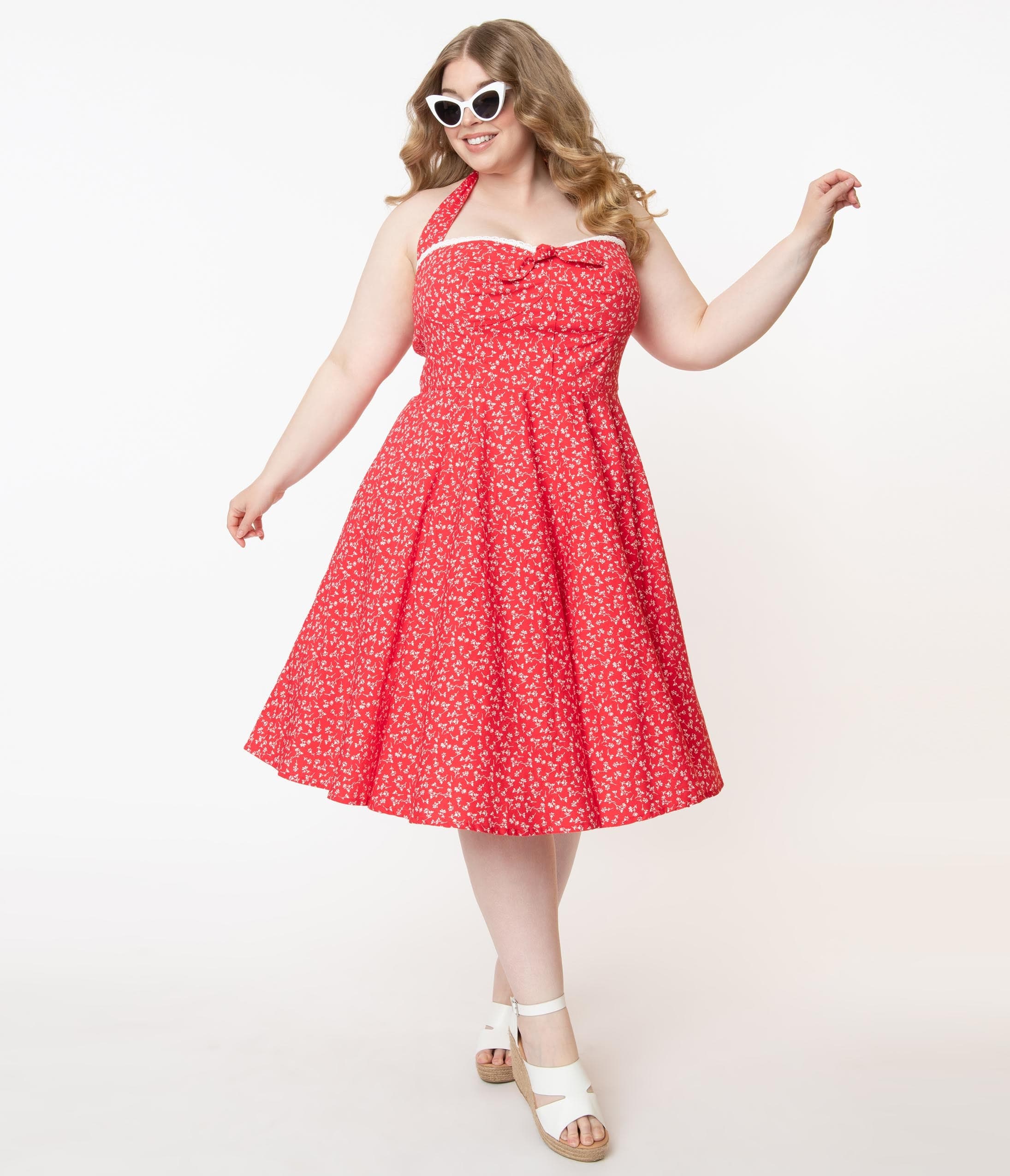 Plus Size Retro Red & White Floral Halter Kimberly Swing Dress