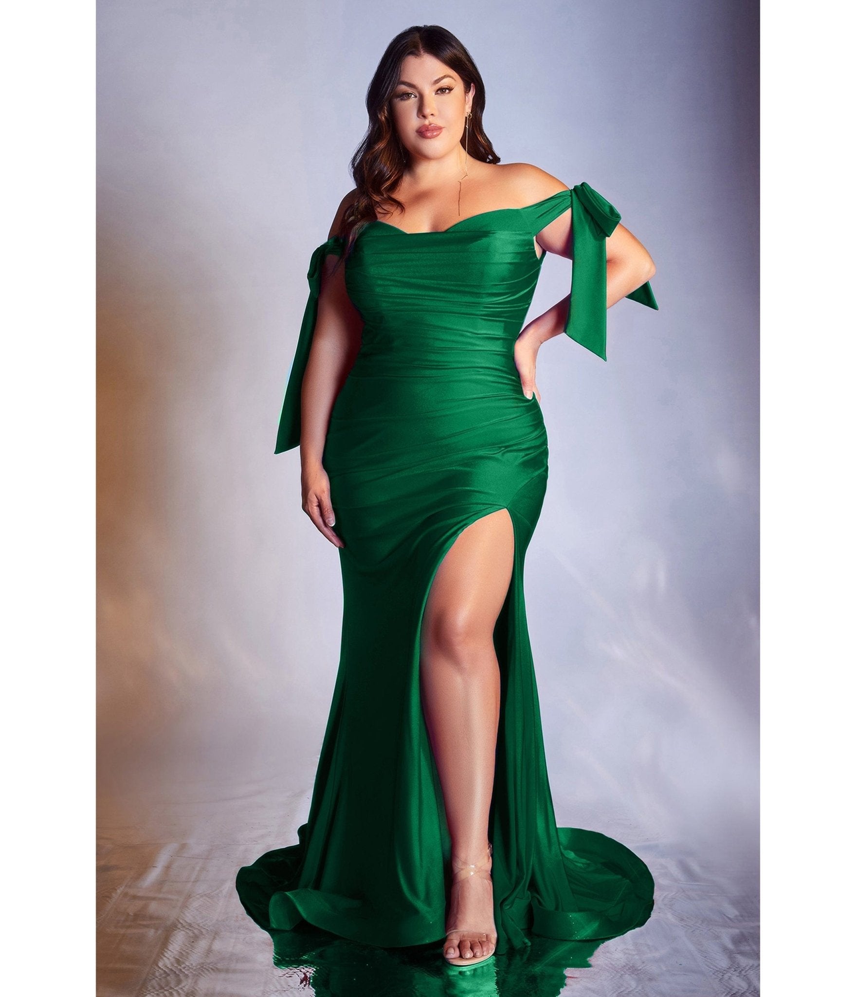 Ladivine by Cinderella Divine Plus Size Emerald Off The Shoulder Tie Bridesmaid Gown