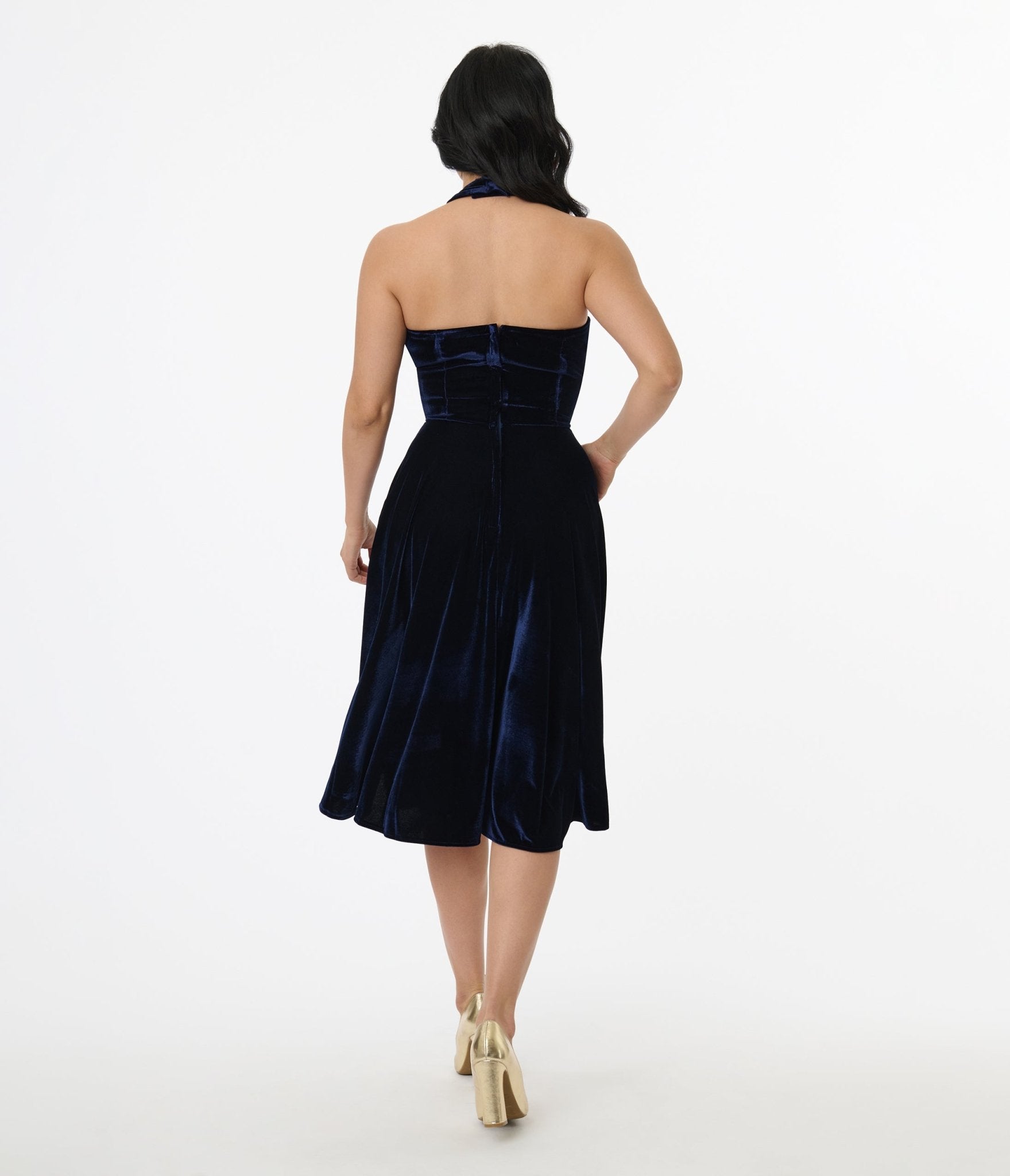 Unique Vintage 1950s Navy Velvet Criss Cross Halter Rita Flare Dress