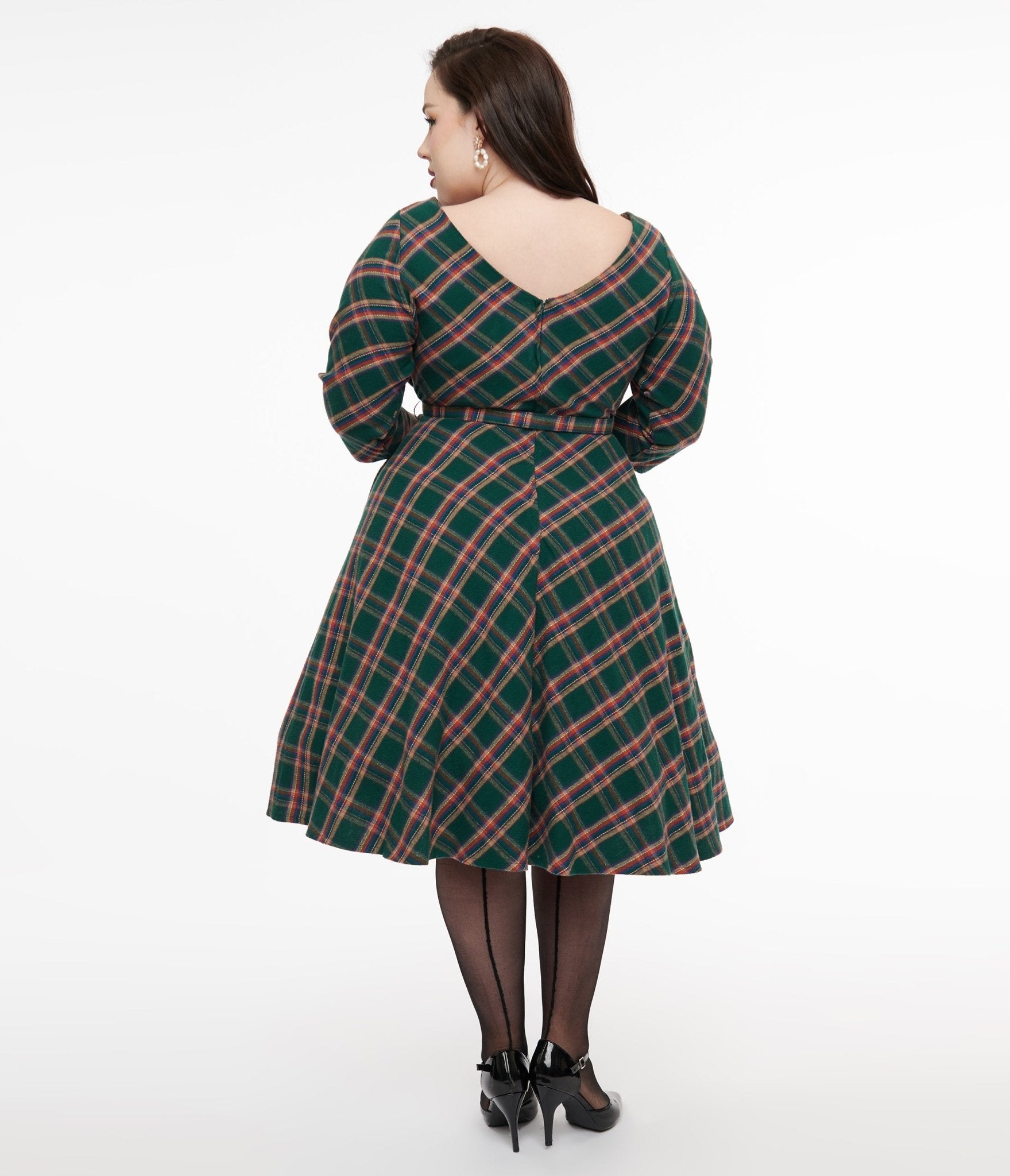 Unique Vintage Plus Size 1950s Green & Tan Plaid Devon Swing Dress