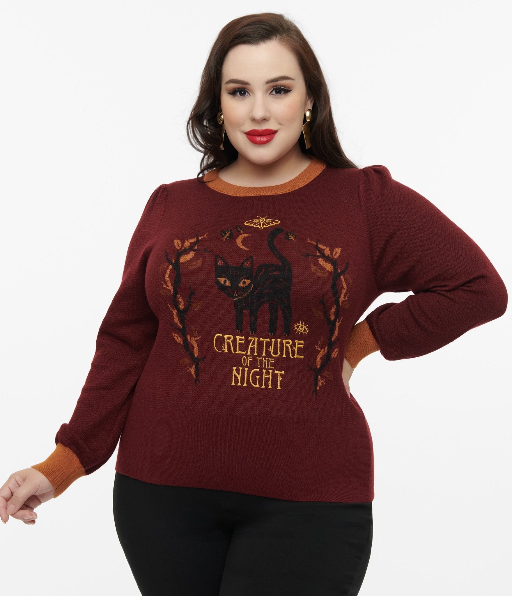 Disney Hocus Pocus Collection by Unique Vintage Plus Size Burgundy Binx Hocus Pocus Embroidered Sweater