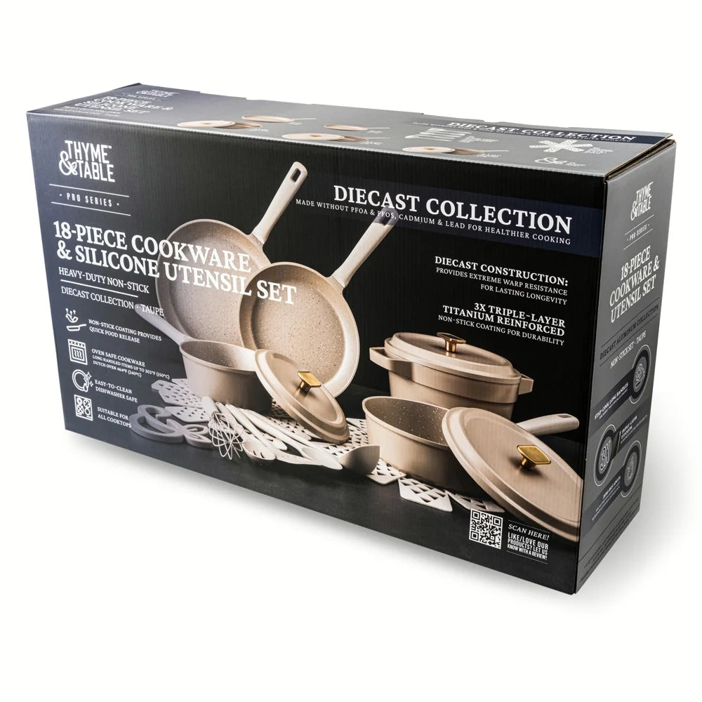 Thyme & Table TT1145RP-ECOM Diecast 18-Piece Cookware & Silicone Utensil Set Non-Stick - Cream