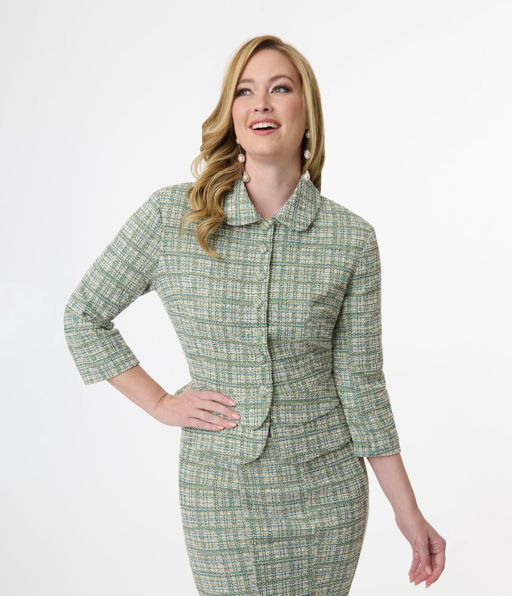 Unique Vintage 1940s Green Plaid Boucle Peplum Jacket