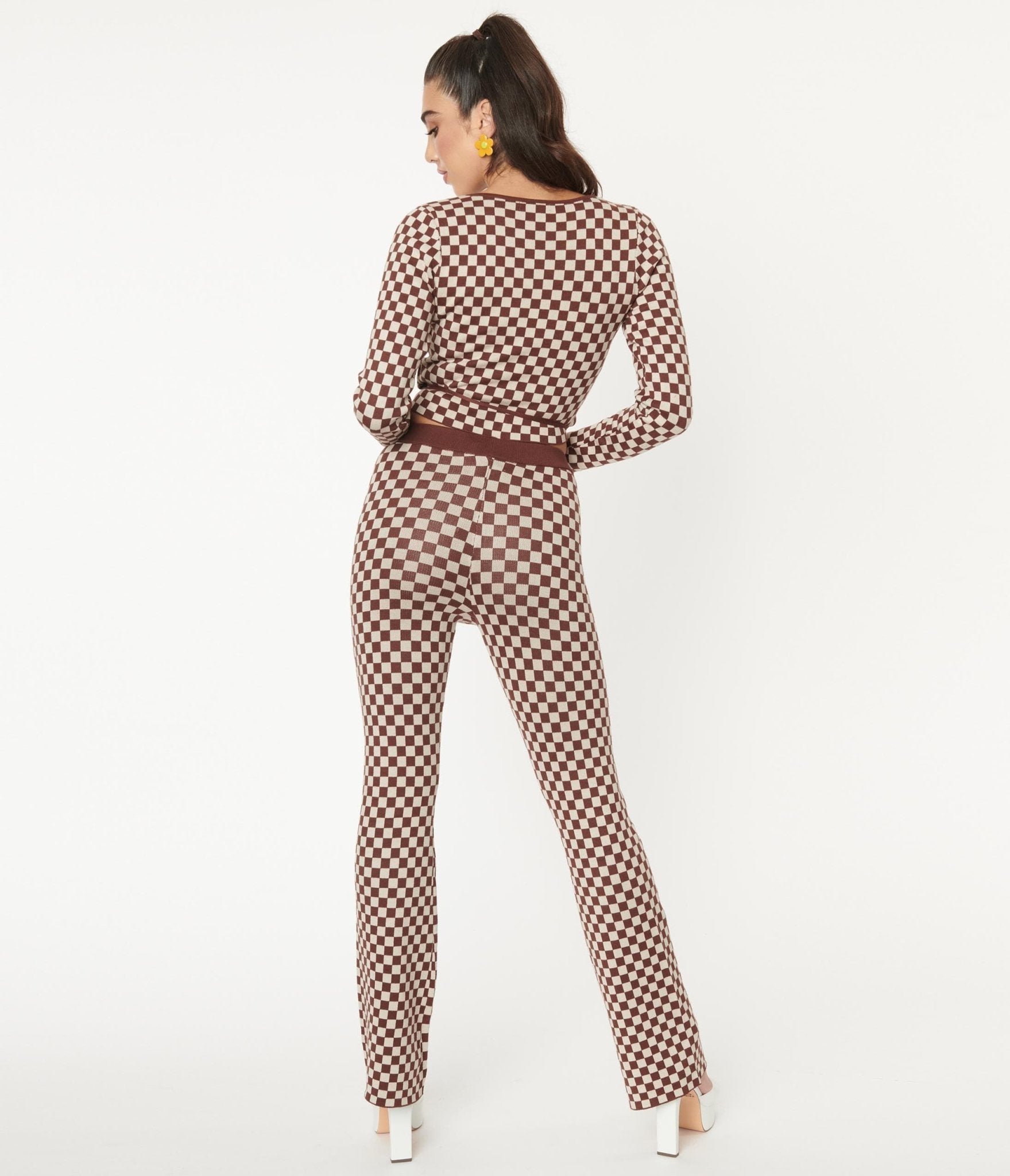 1970s Brown Check Sweater Flare Pants