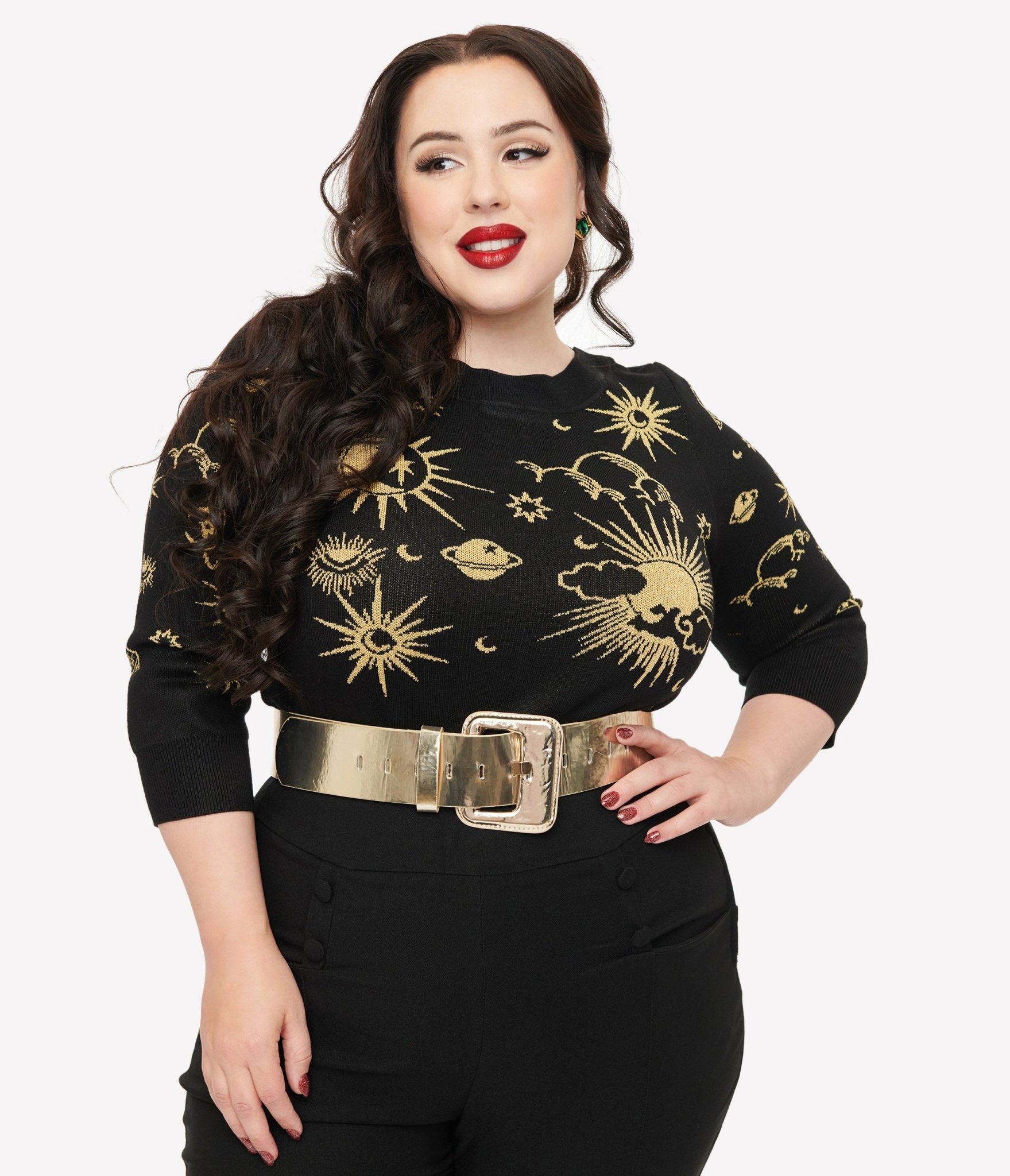 Unique Vintage Plus Size 1950s Black & Gold Celestial Minou Sweater