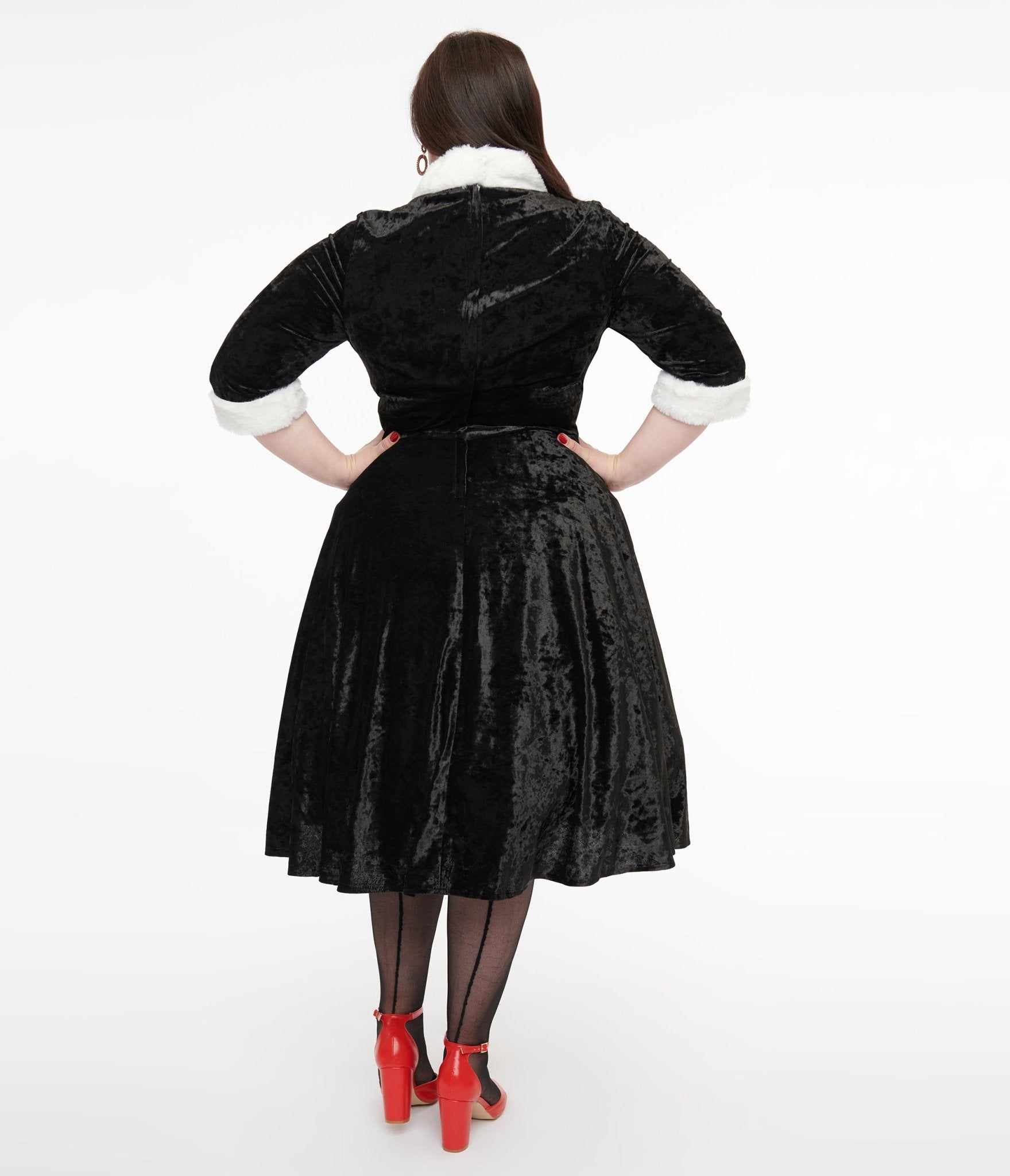 Unique Vintage Plus Size 1950s Black Crushed Velvet & White Fur Delores Swing Dress