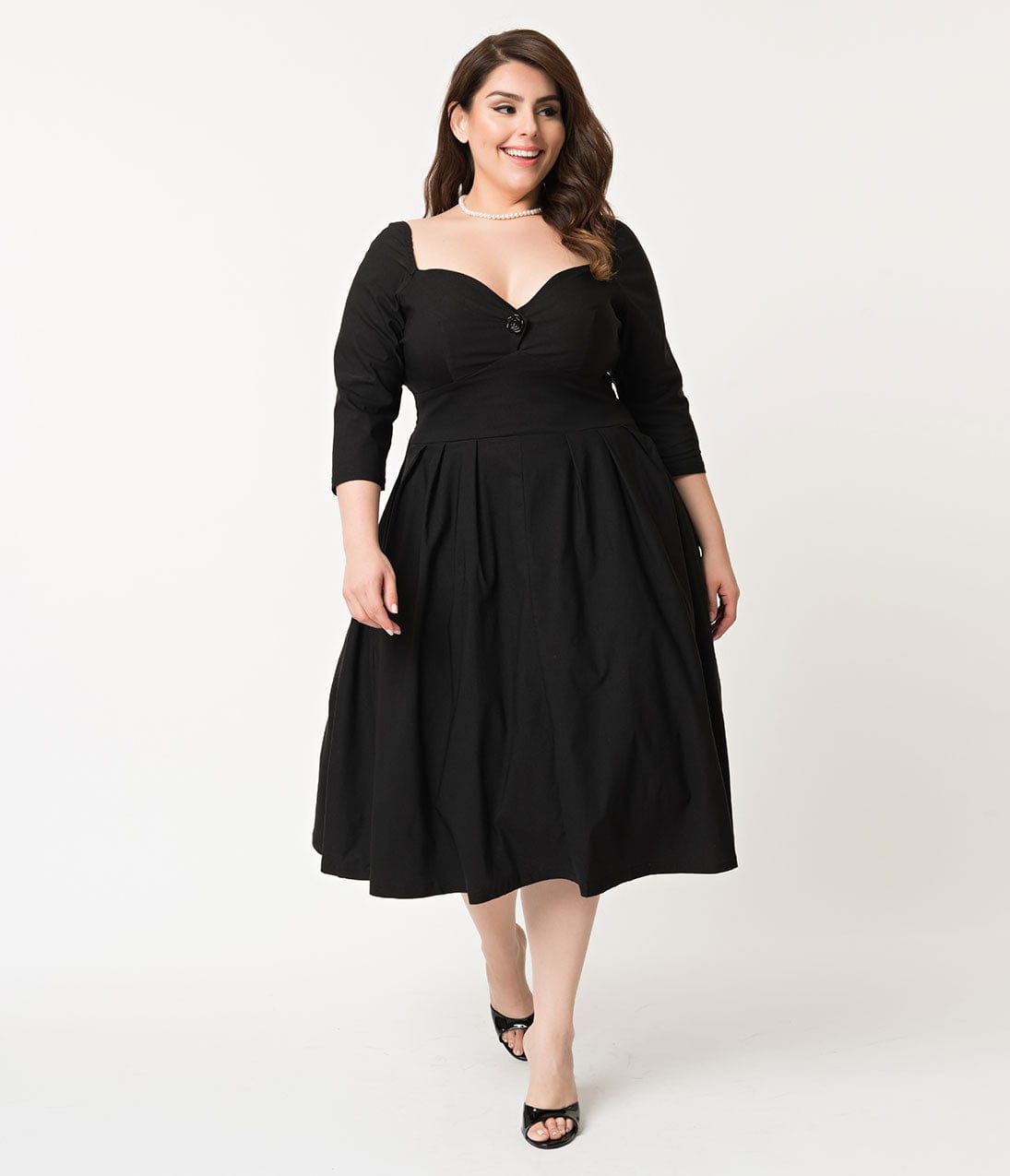 Unique Vintage Plus Size 1950s Black Sweetheart Lamar Swing Dress