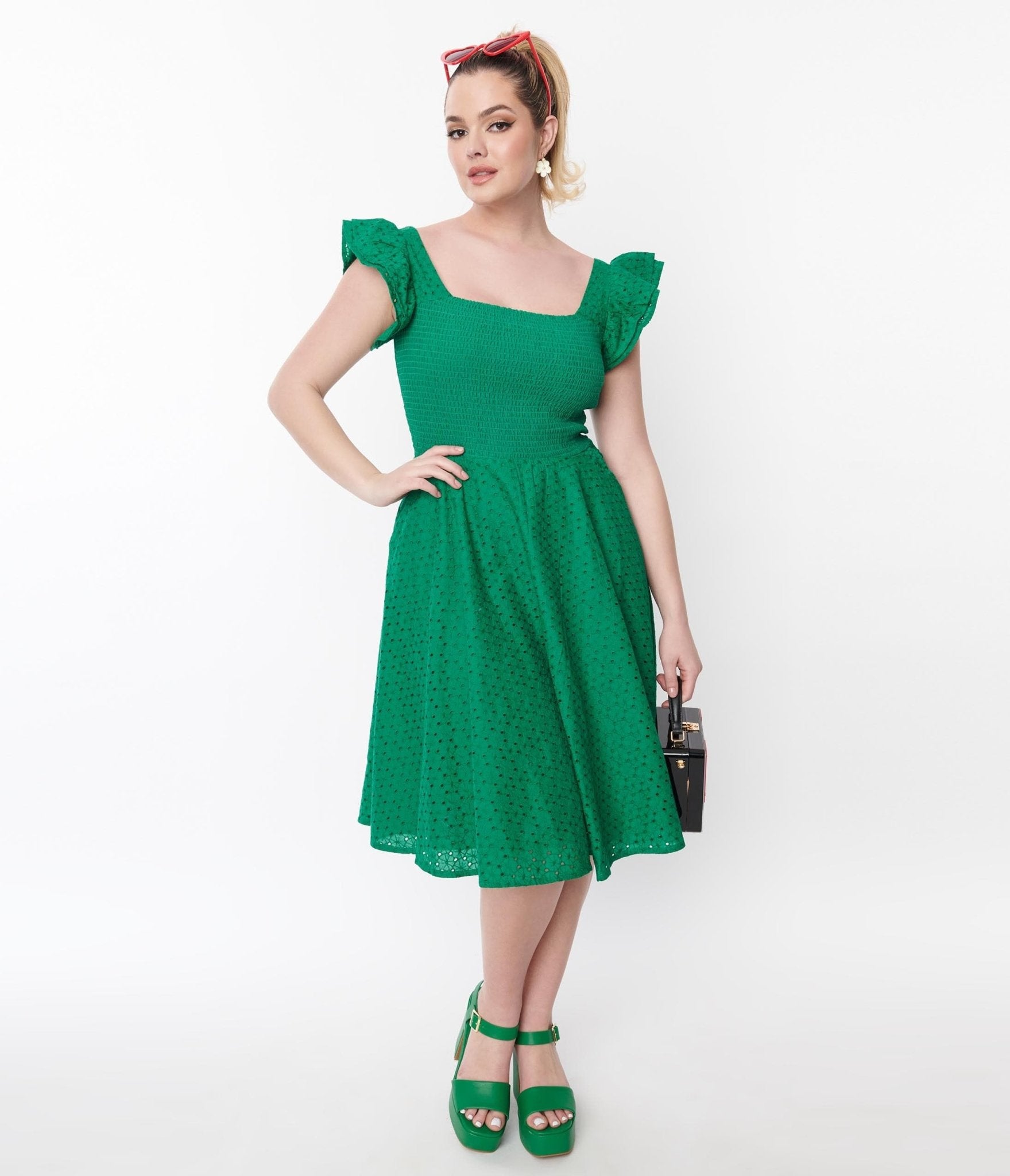 Green Eyelet Ruffle Sleeve Swing Dress