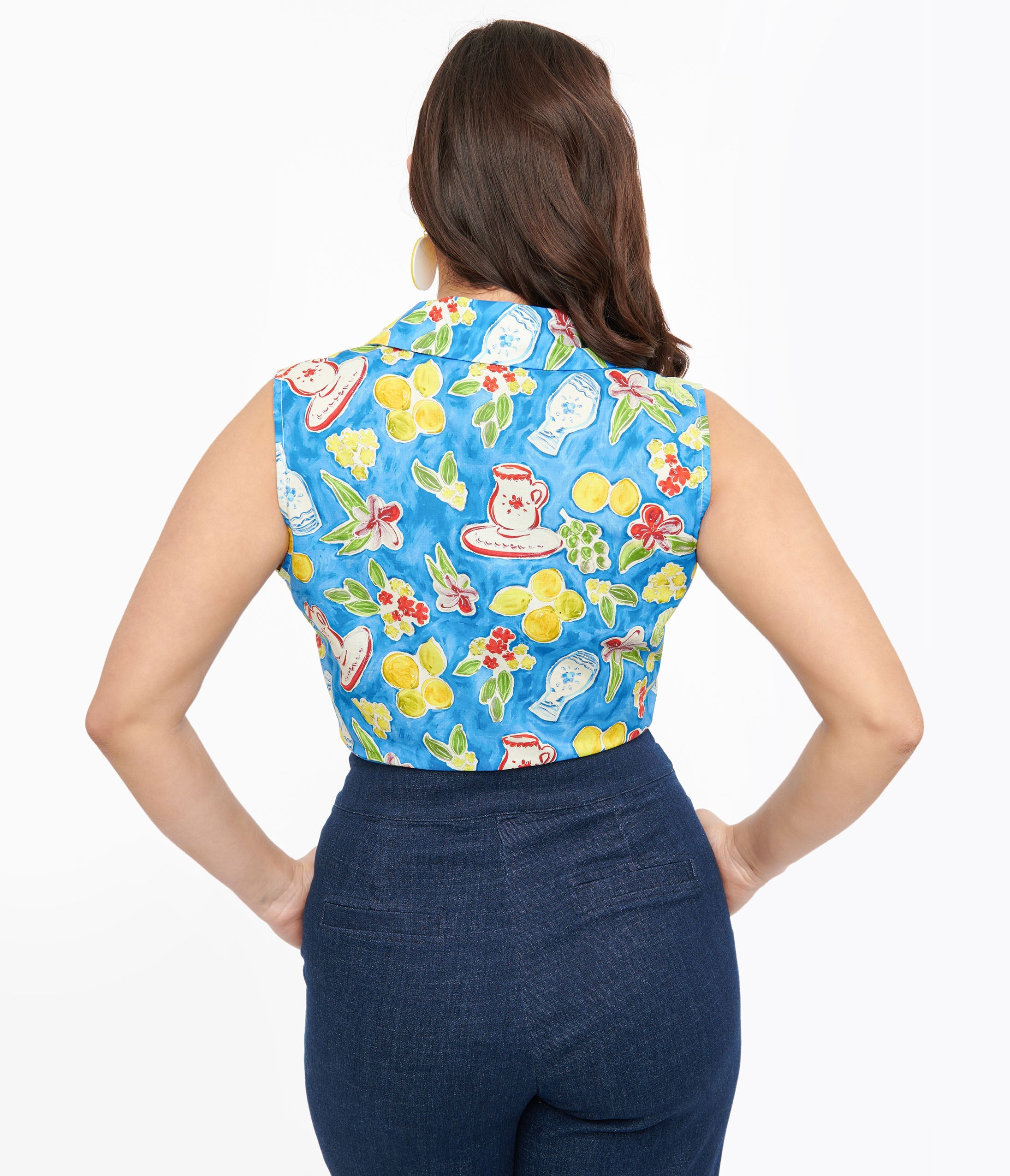 1950s Blue Lemon In My Tea Print Crop Top