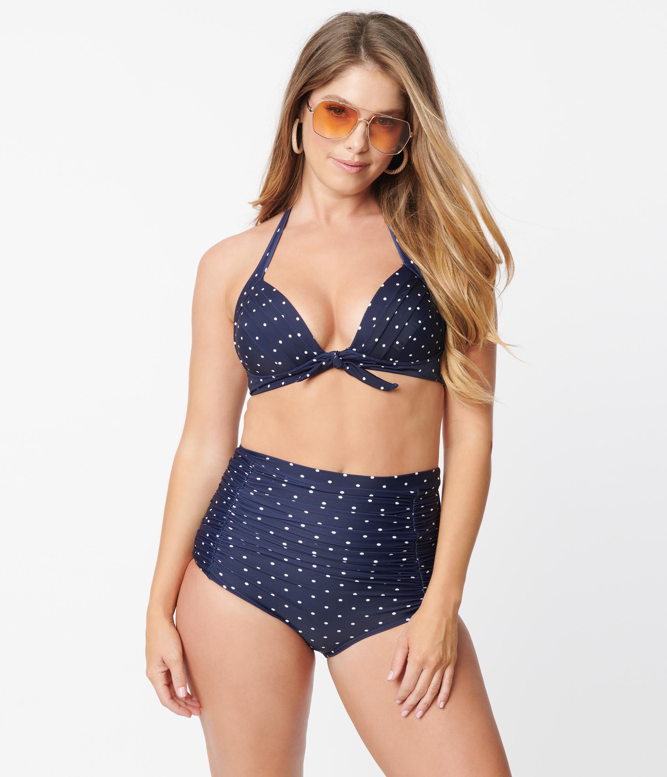 Unique Vintage Navy & White Pin Dot Monroe Halter Swim Top