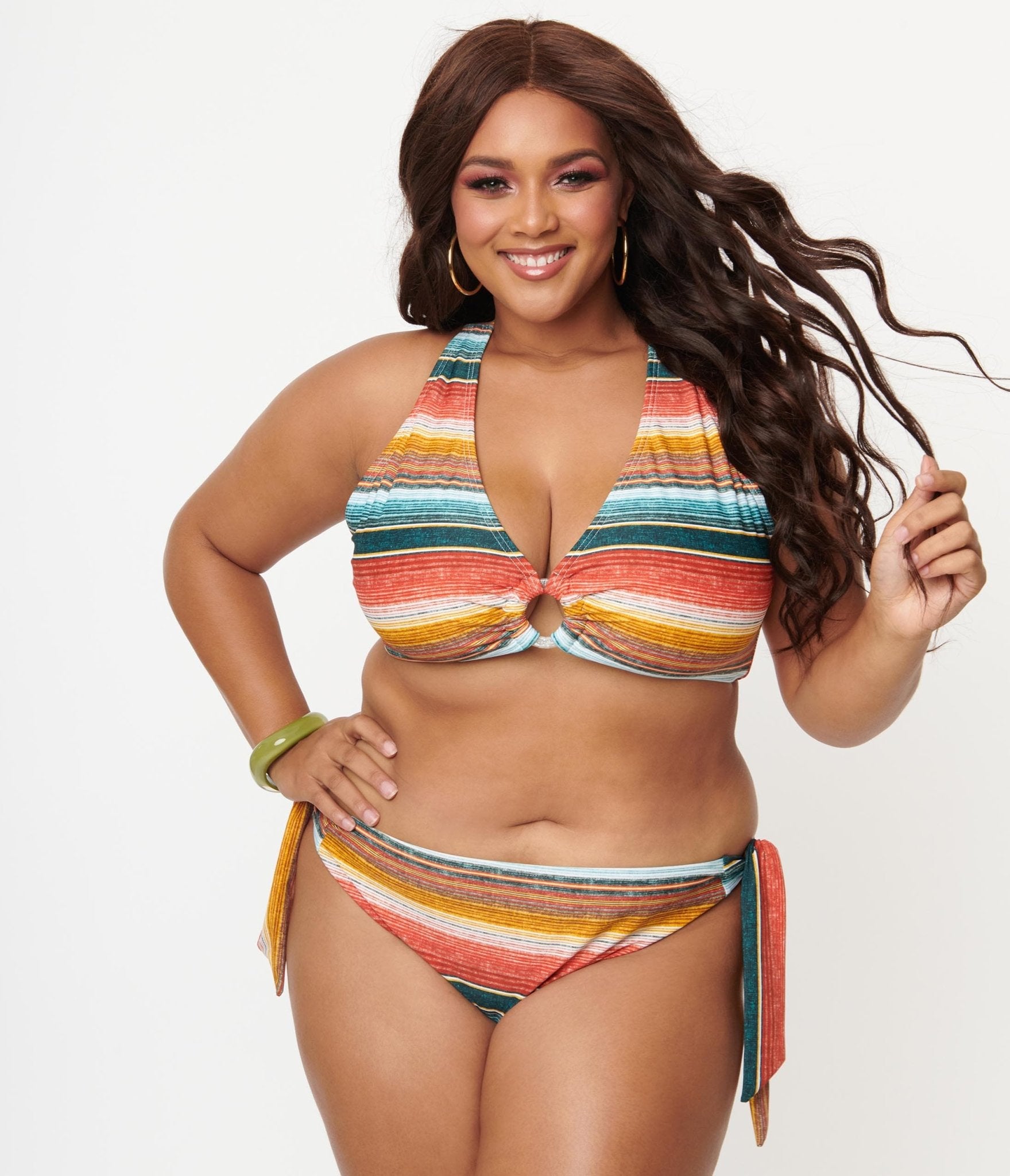 Unique Vintage Plus Size 1970s Serape Stripe Give Us A Ring Swim Top