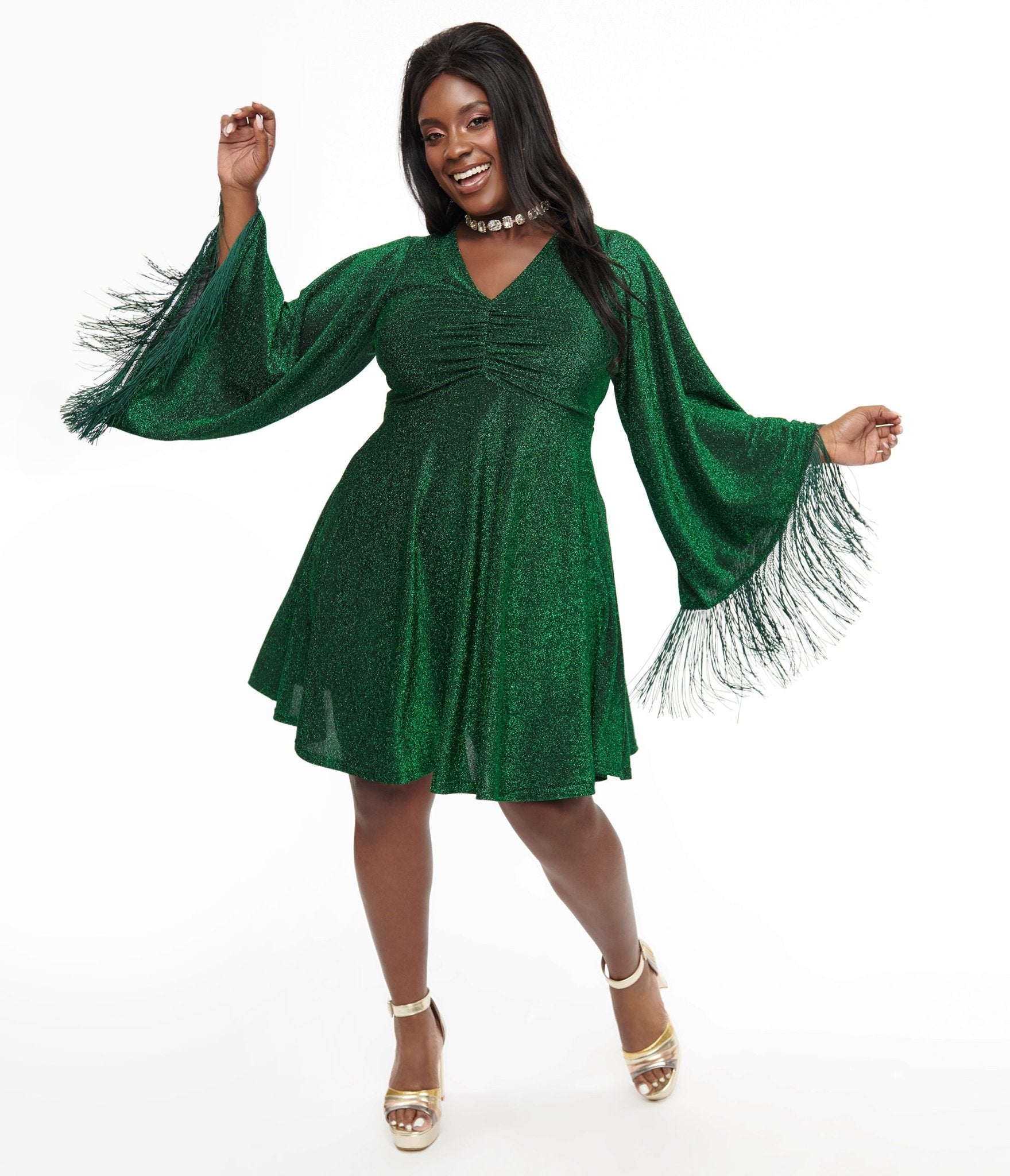 Smak Parlour Plus Size 1970s Green Sparkle & Fringe Bell Sleeves Dress