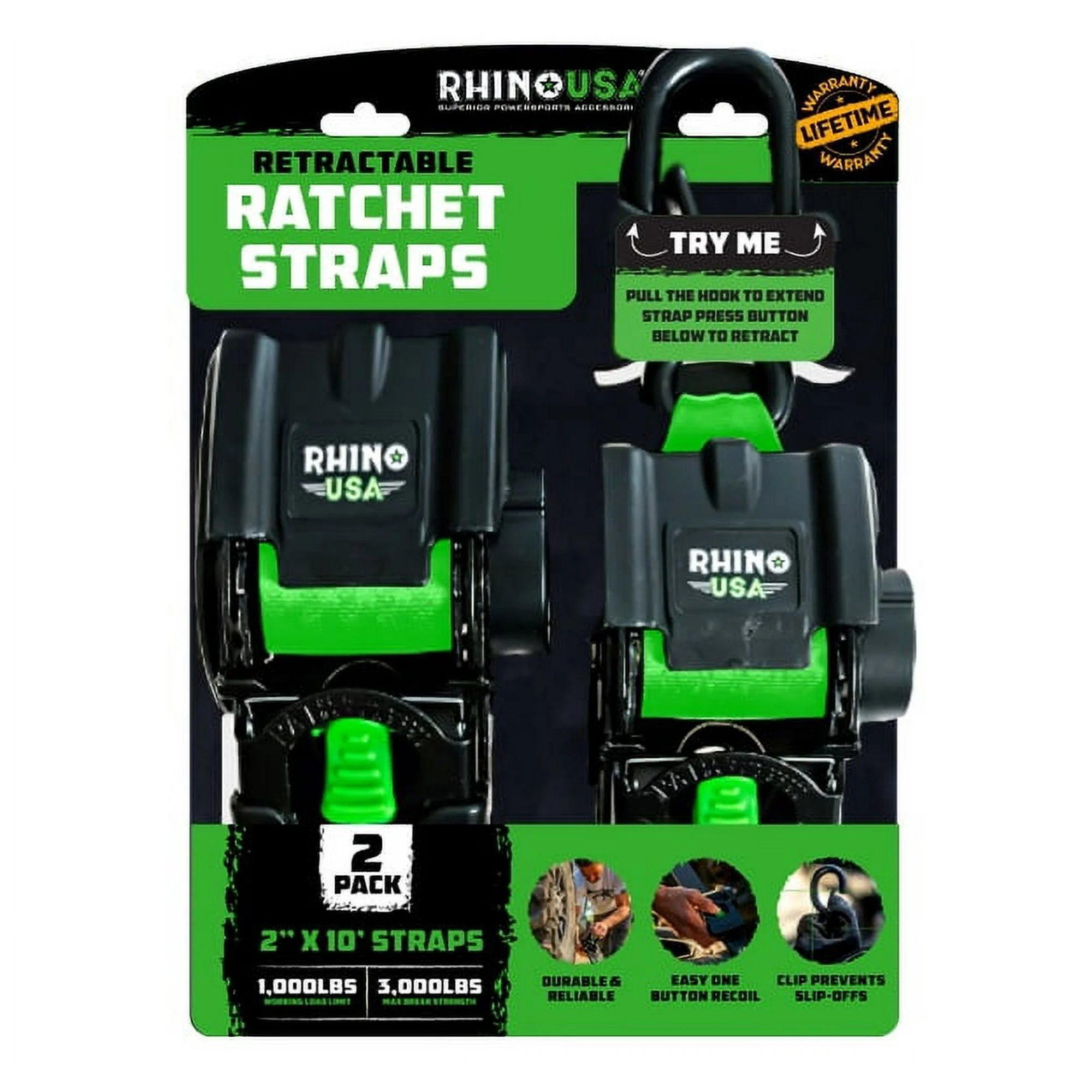 Rhino USA 2in x 10ft Retractable Ratchet Straps, 2 Pack, 1,000lbs Working Load Limit, 7.3lb Product Weight