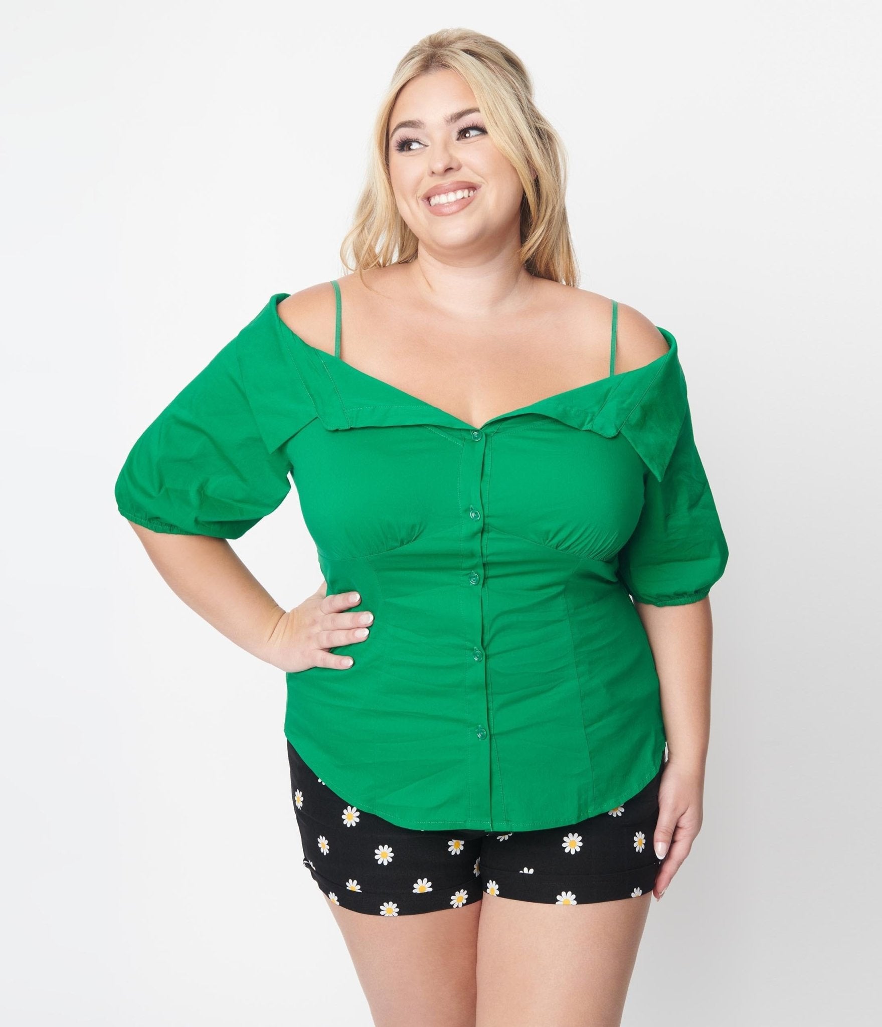 Plus Size Kelly Green Off The Shoulder Collared Top