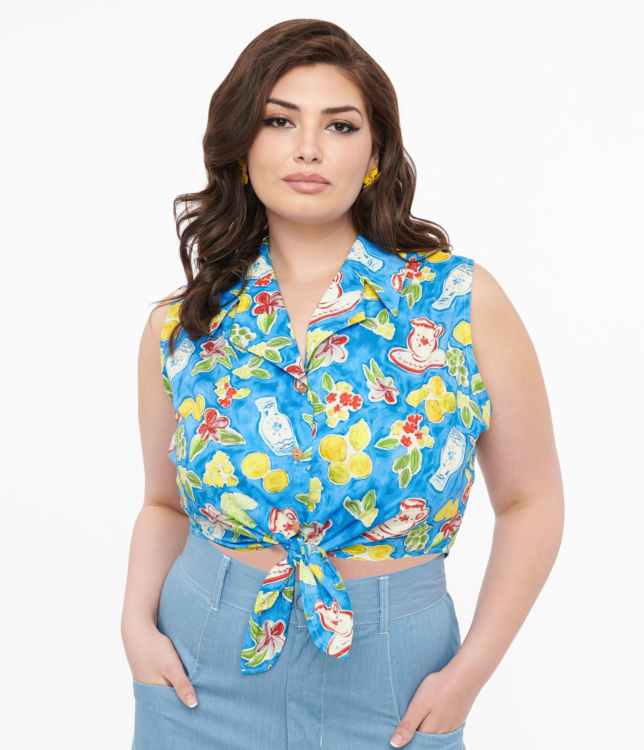 Plus Size 1950s Blue Lemon In My Tea Print Crop Top