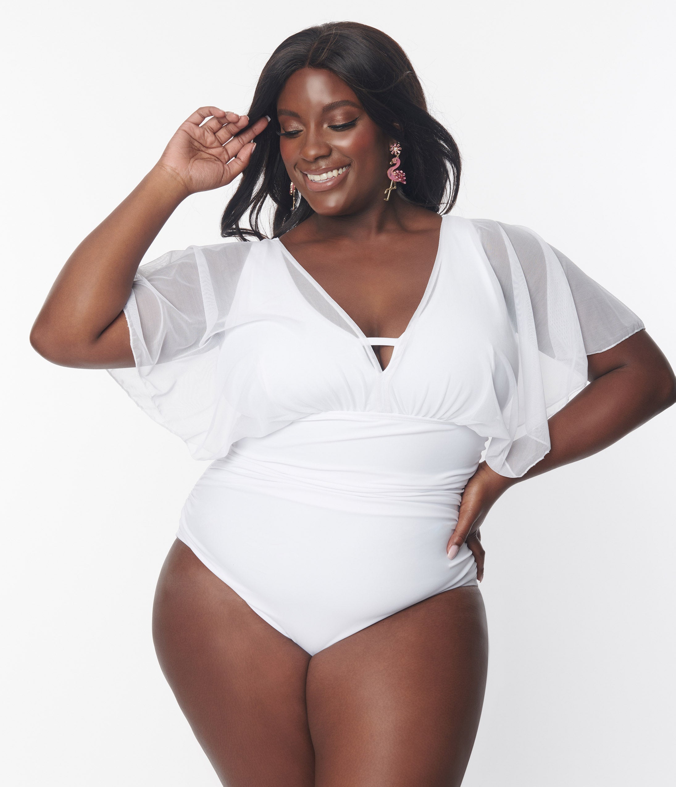 Unique Vintage Plus Size White Mesh Sleeved Torrey Swimsuit