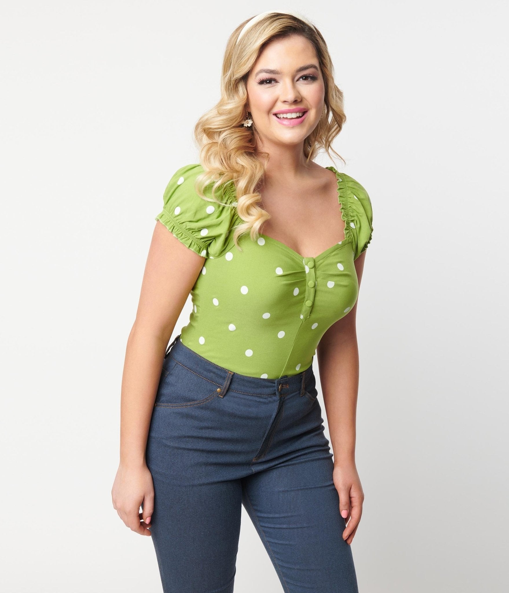 Unique Vintage Green & White Polka Dot Sweetheart Loretta Top