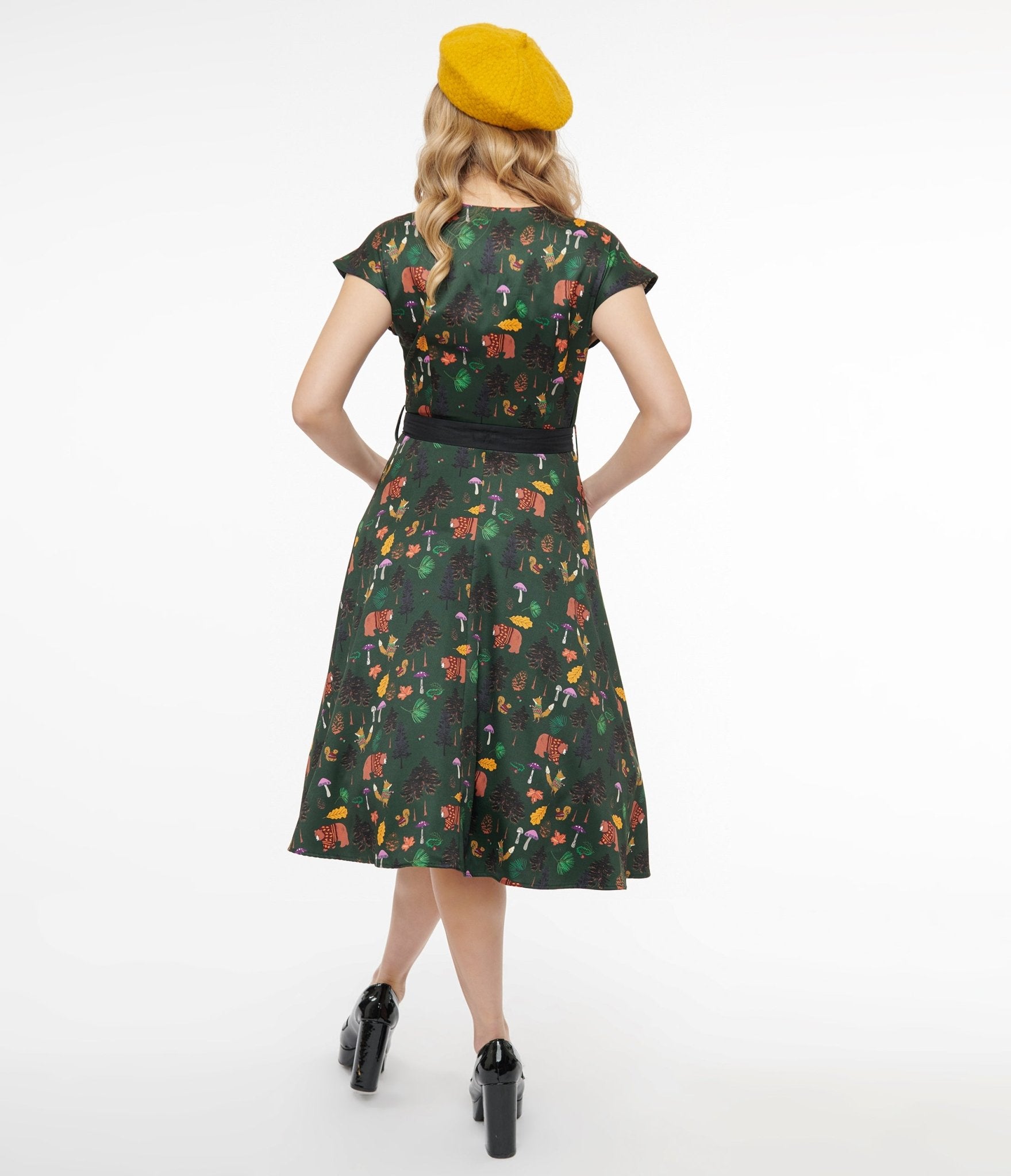 Unique Vintage 1940s Forest Green Woodland Creature Hedda Swing Dress