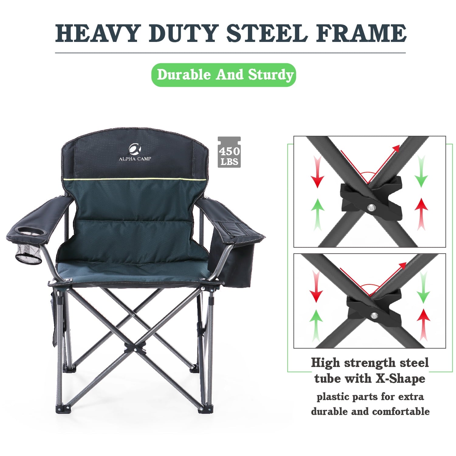 ALPHA CAMP E01CC402-GN Oversized Folding Camping Chair, Green