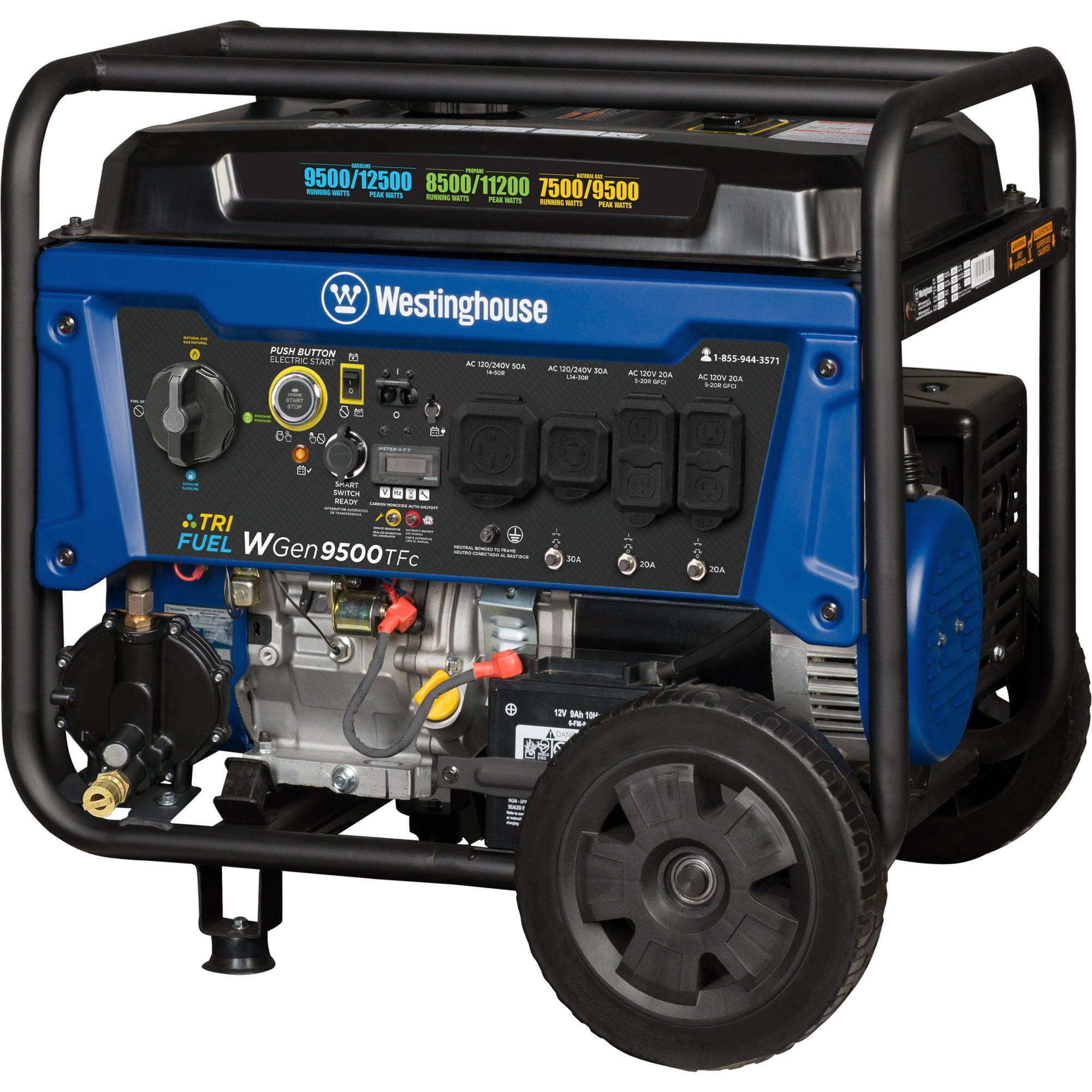 Westinghouse WGen9500TFc 12,500 Peak Watt Tri-Fuel Portable Generator, CO Sensor, Gas, Propane or Natural Gas