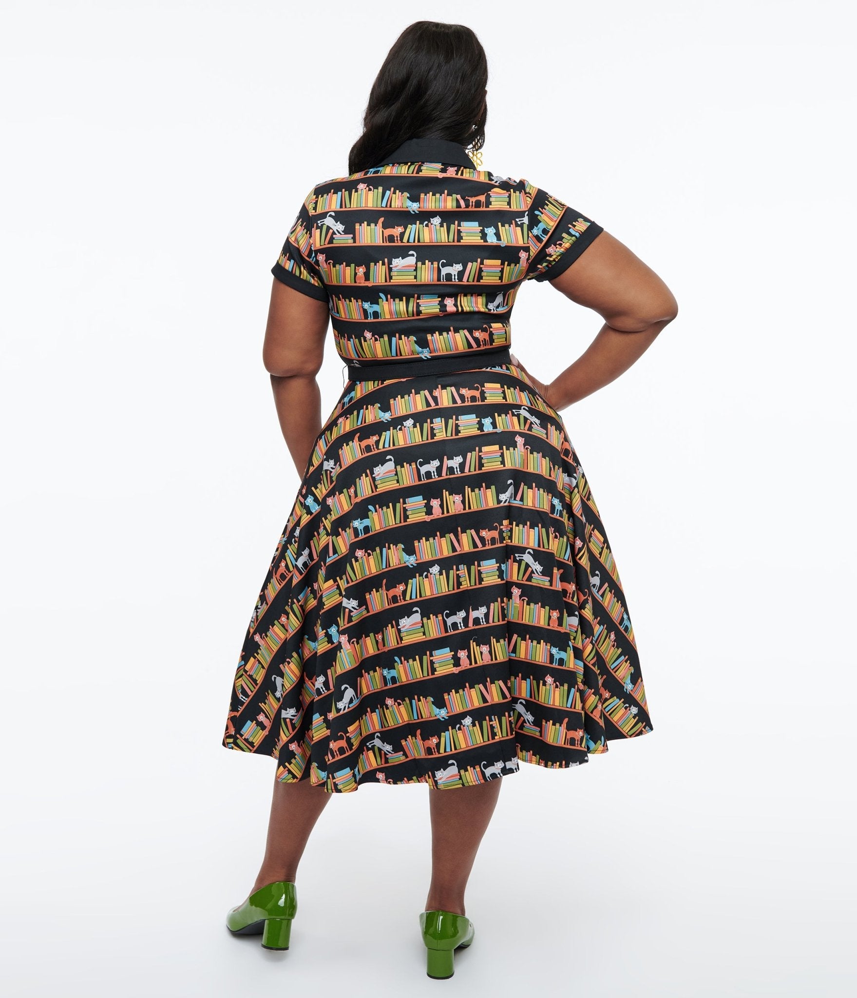 Unique Vintage Plus Size 1950s Cat & Bookshelf Print Alexis Swing Dress