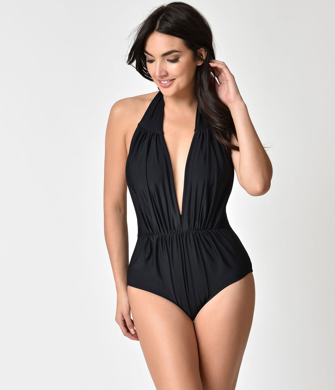 Unique Vintage Black Halter Shirred Derek One Piece Swimsuit