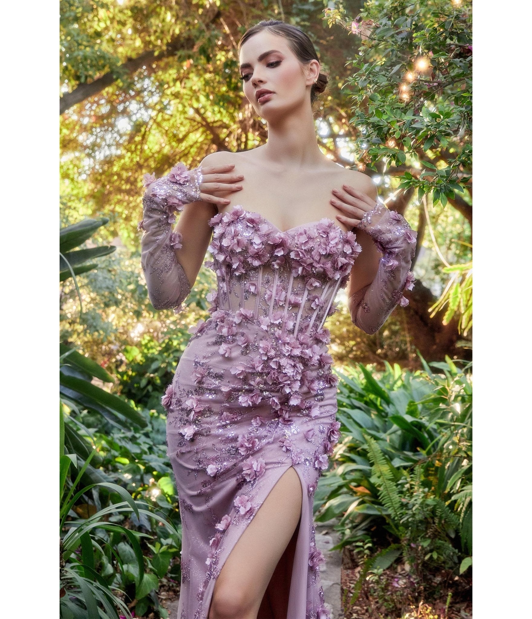 Ladivine by Cinderella Divine Mauve Hydrangea Embellished Corset Mermaid Evening Gown