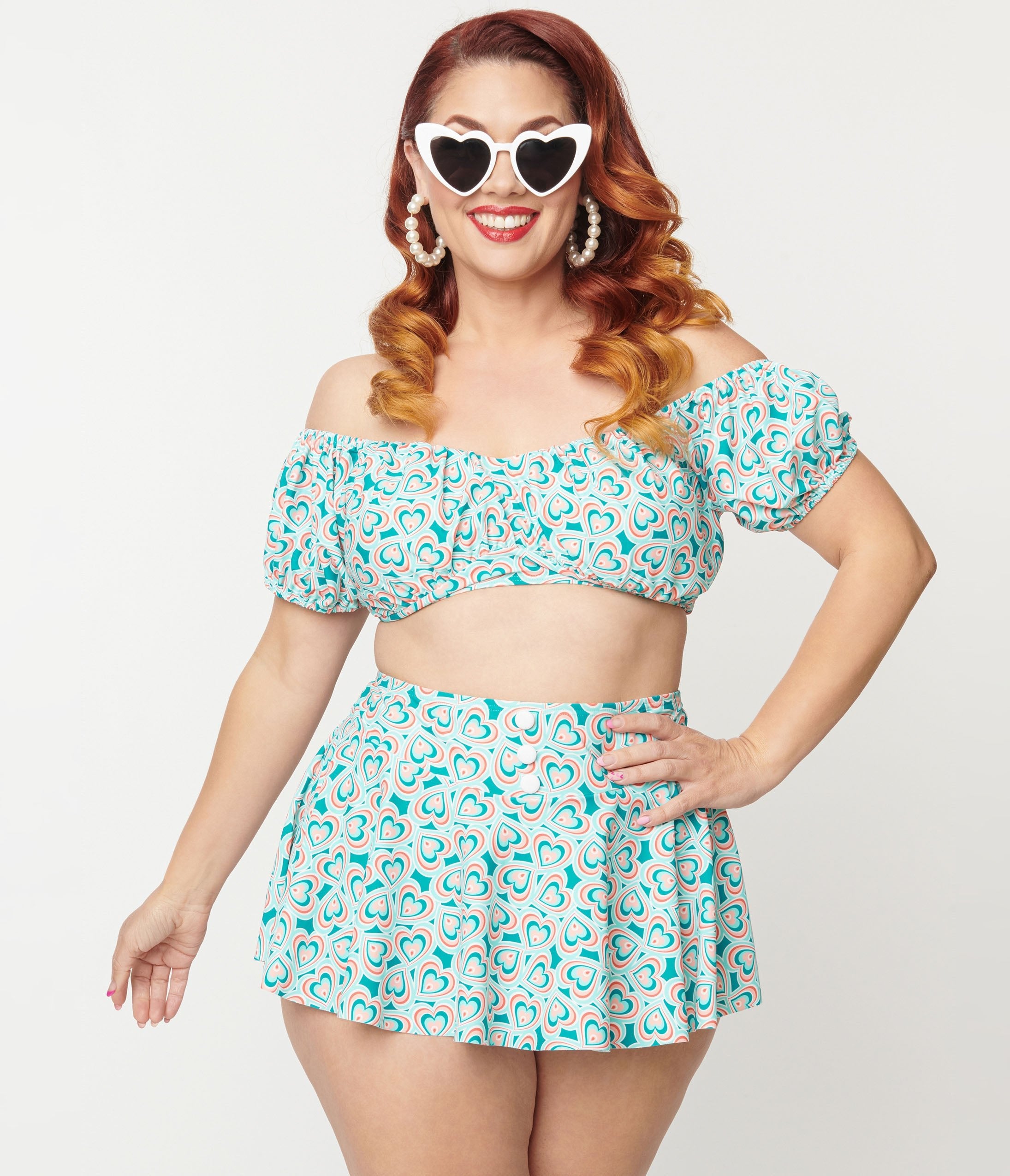 Unique Vintage Plus Size 1940s Turquoise Retro Hearts Off The Shoulder Swim Top