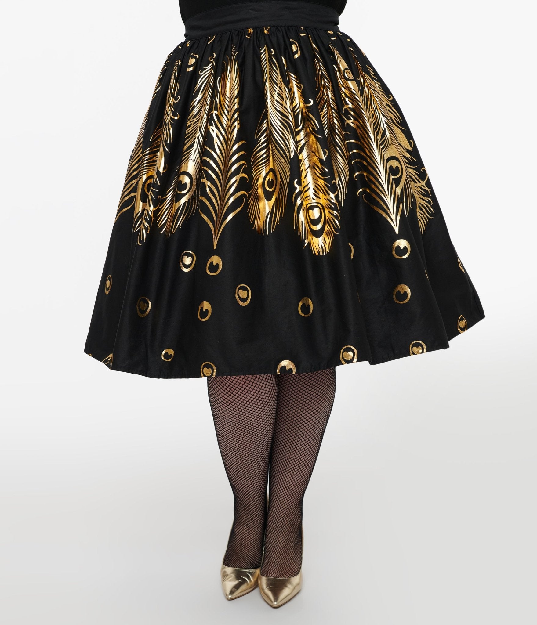 Unique Vintage Plus Size 1950s Black & Gold Foil Feather Gellar Swing Skirt