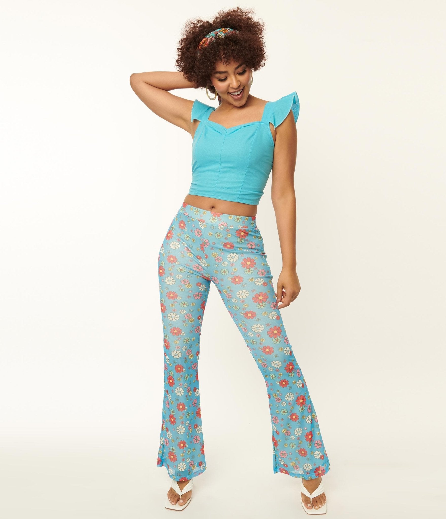 Blue & Multicolor Floral Mesh Flare Pants