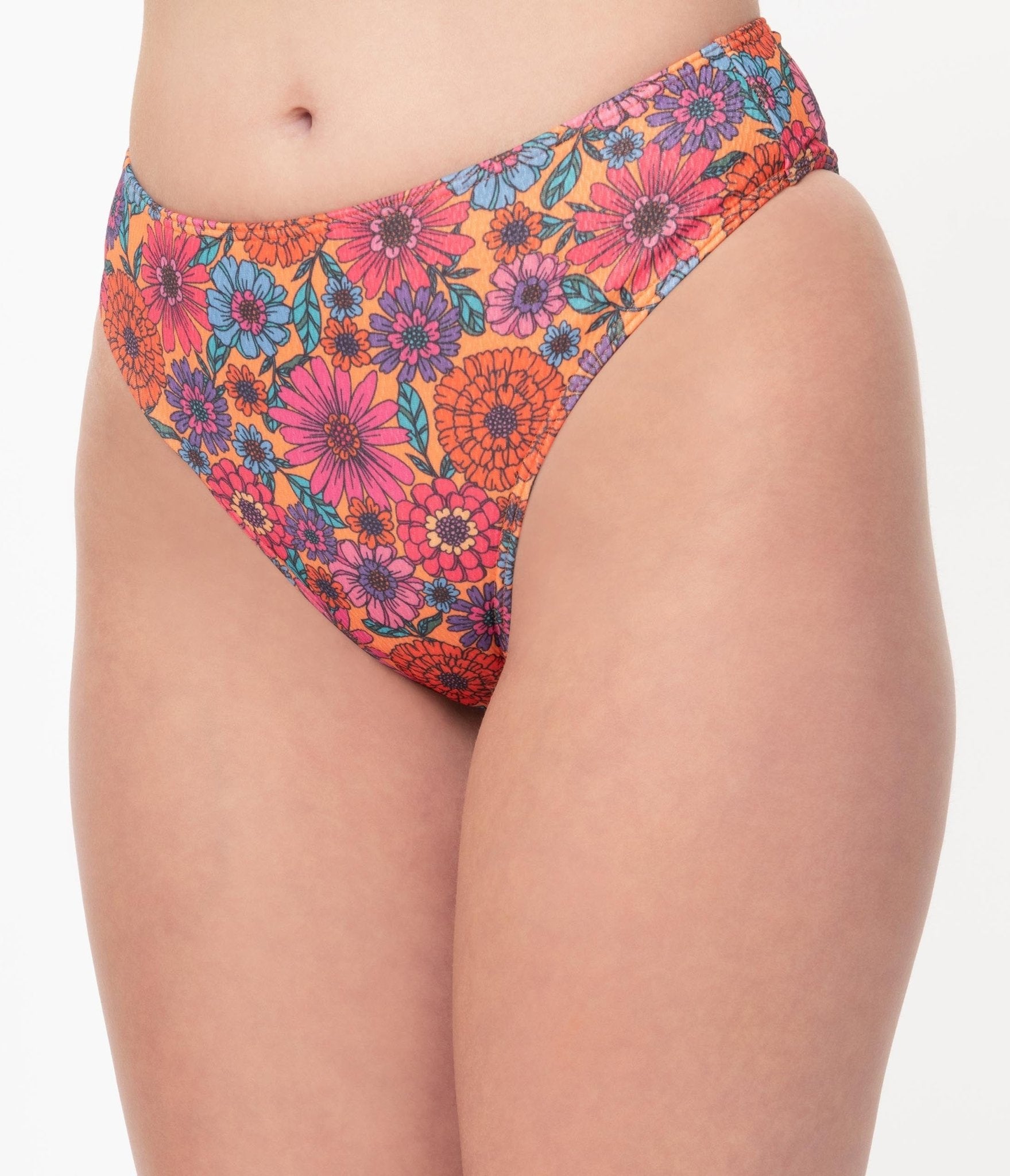 1970s Orange & Floral High Leg Swim Bottoms