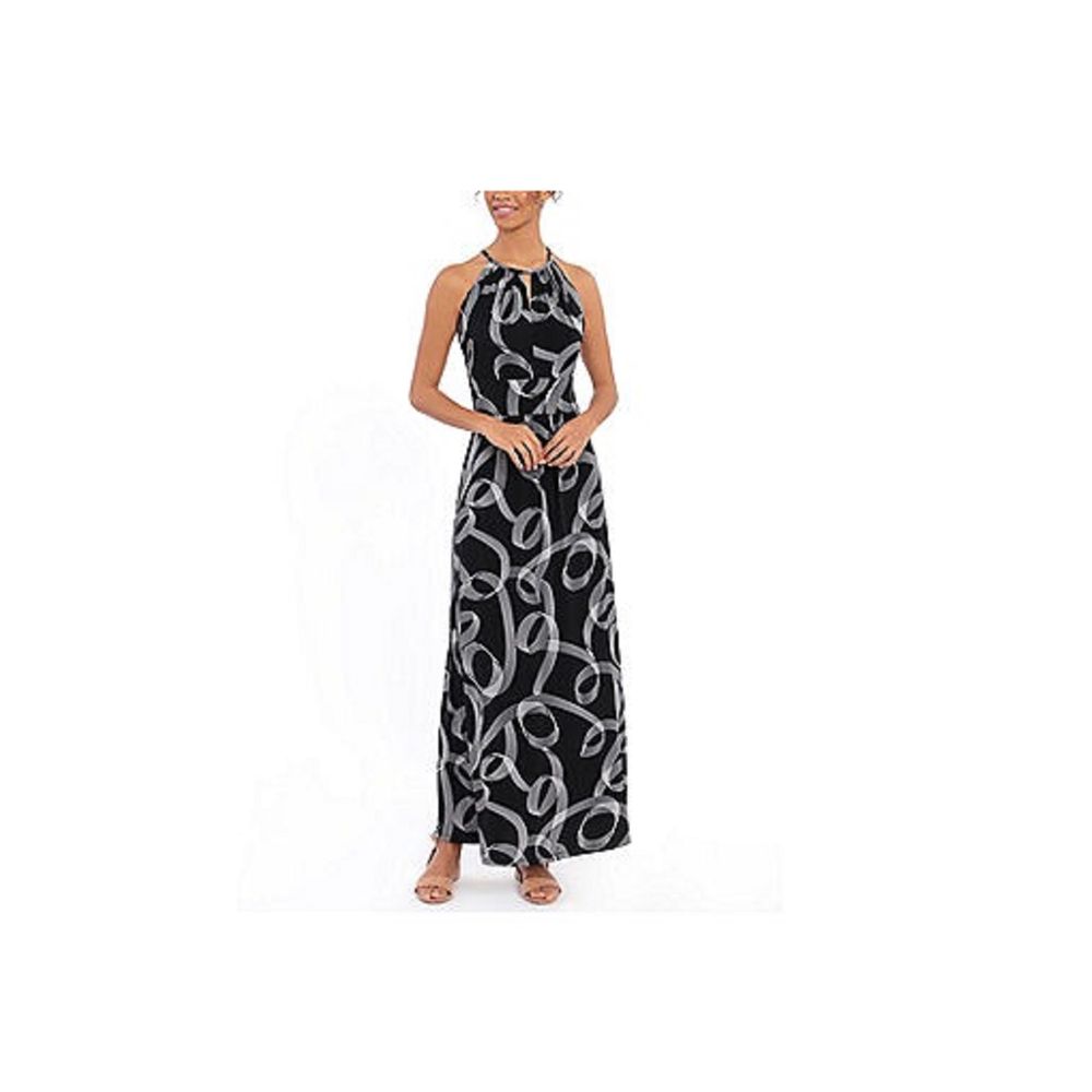 London Style Sleeveless Abstract Maxi Dress, Size: 10, Black White - Machine Washable