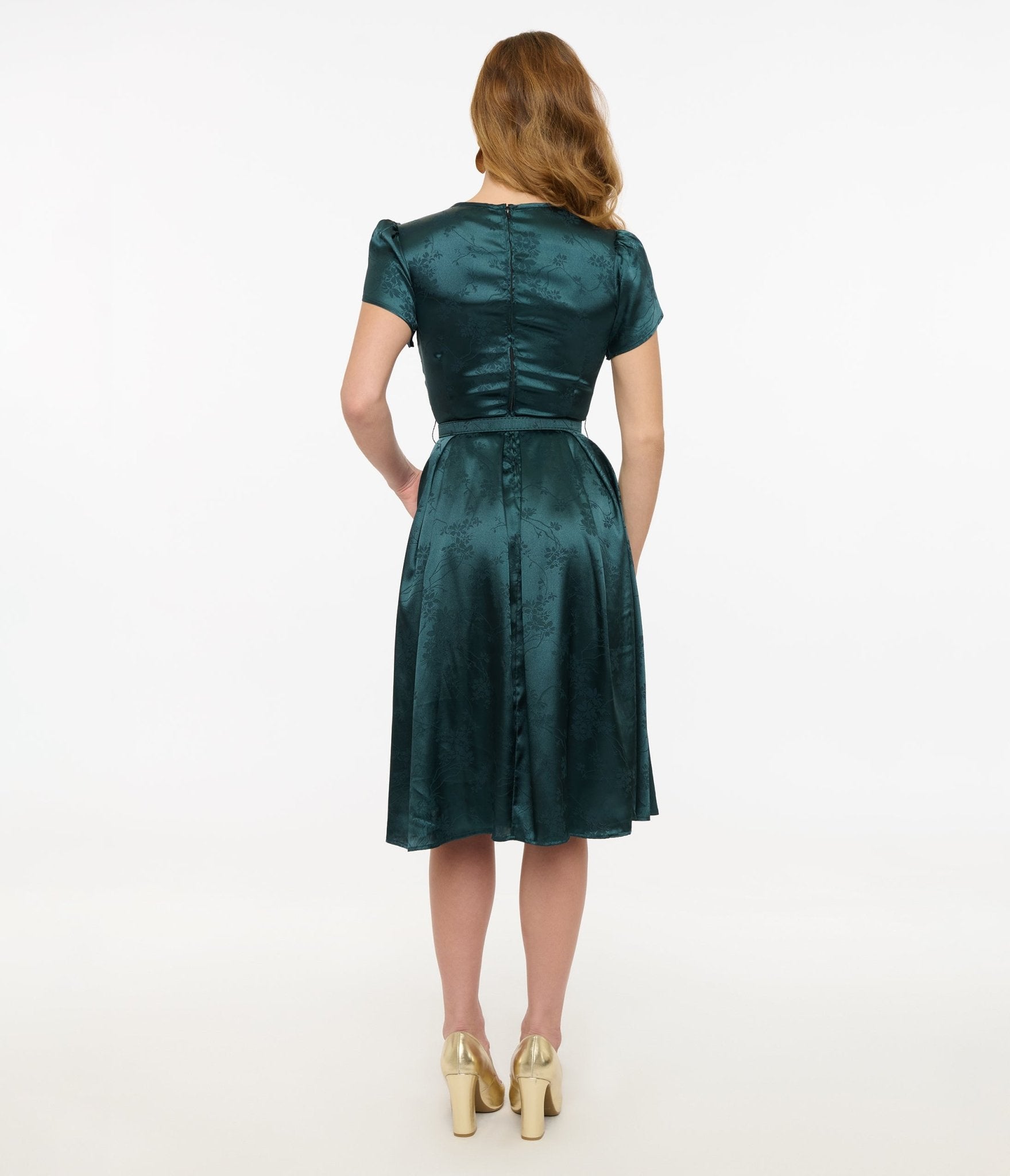 Unique Vintage 1940s Teal Floral Print Dahlia Swing Dress