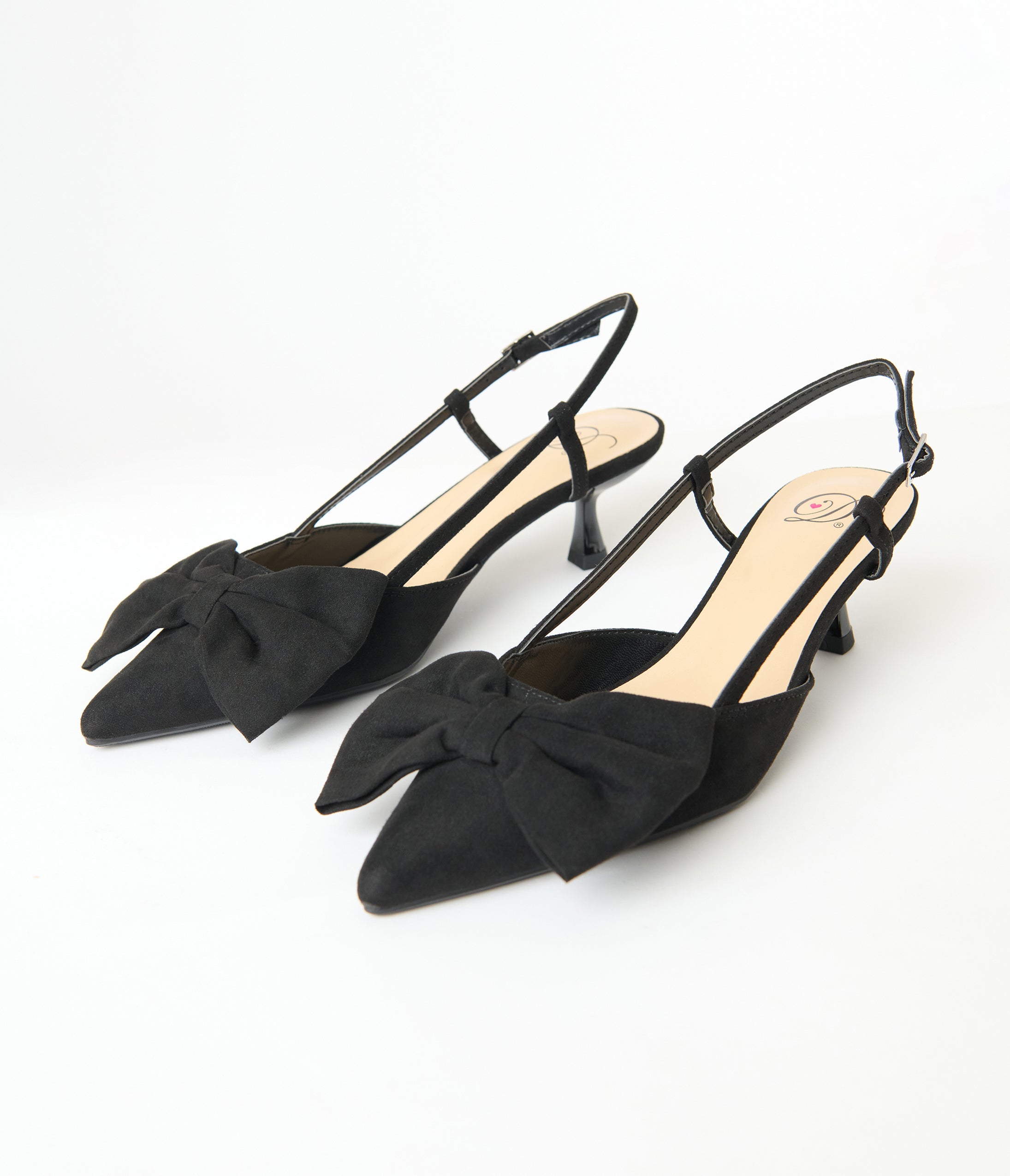 Black Suede Bow Kitten Slingback Heels