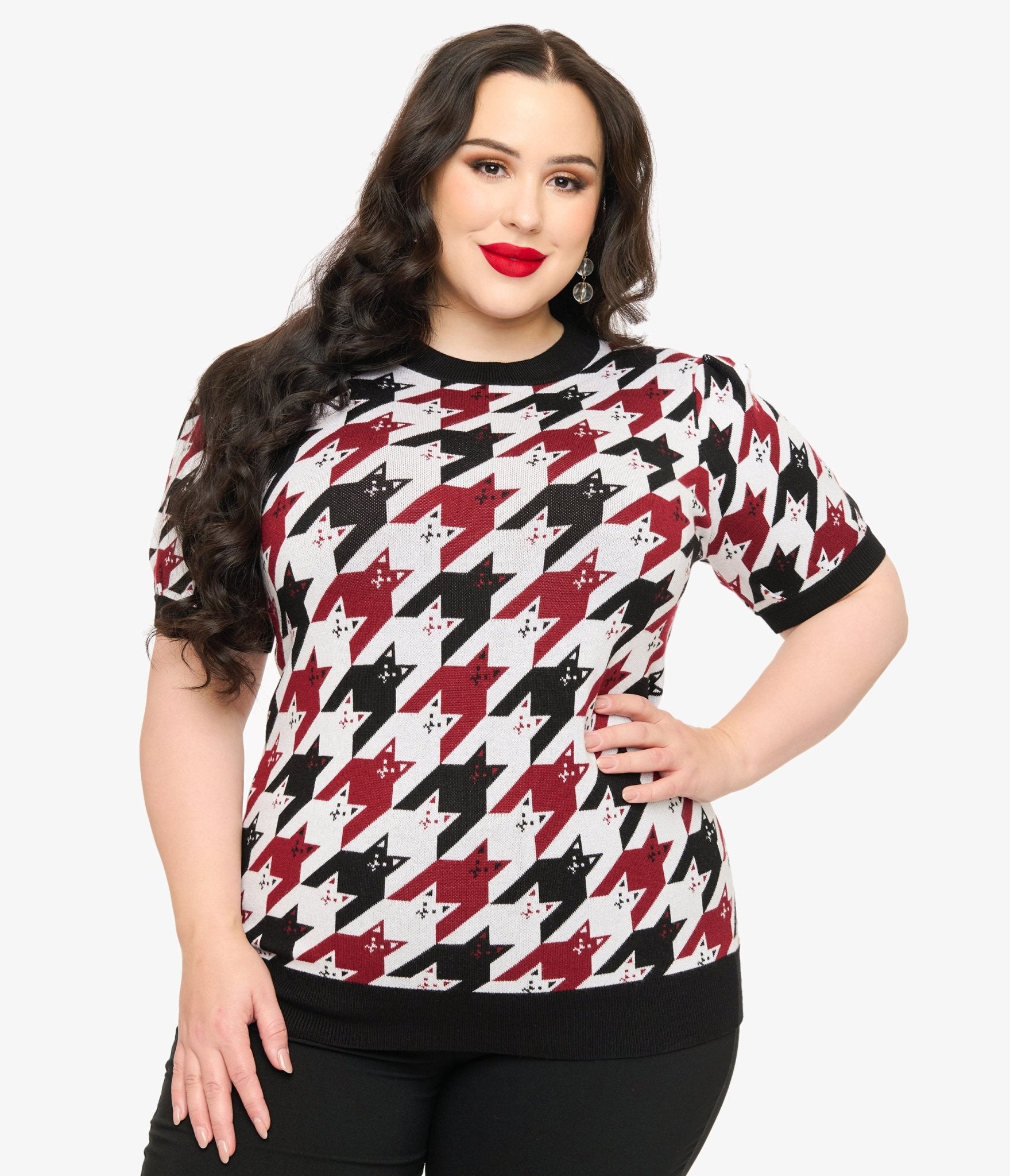 Unique Vintage Plus Size Burgundy & Black Cat Houndstooth Paige Sweater