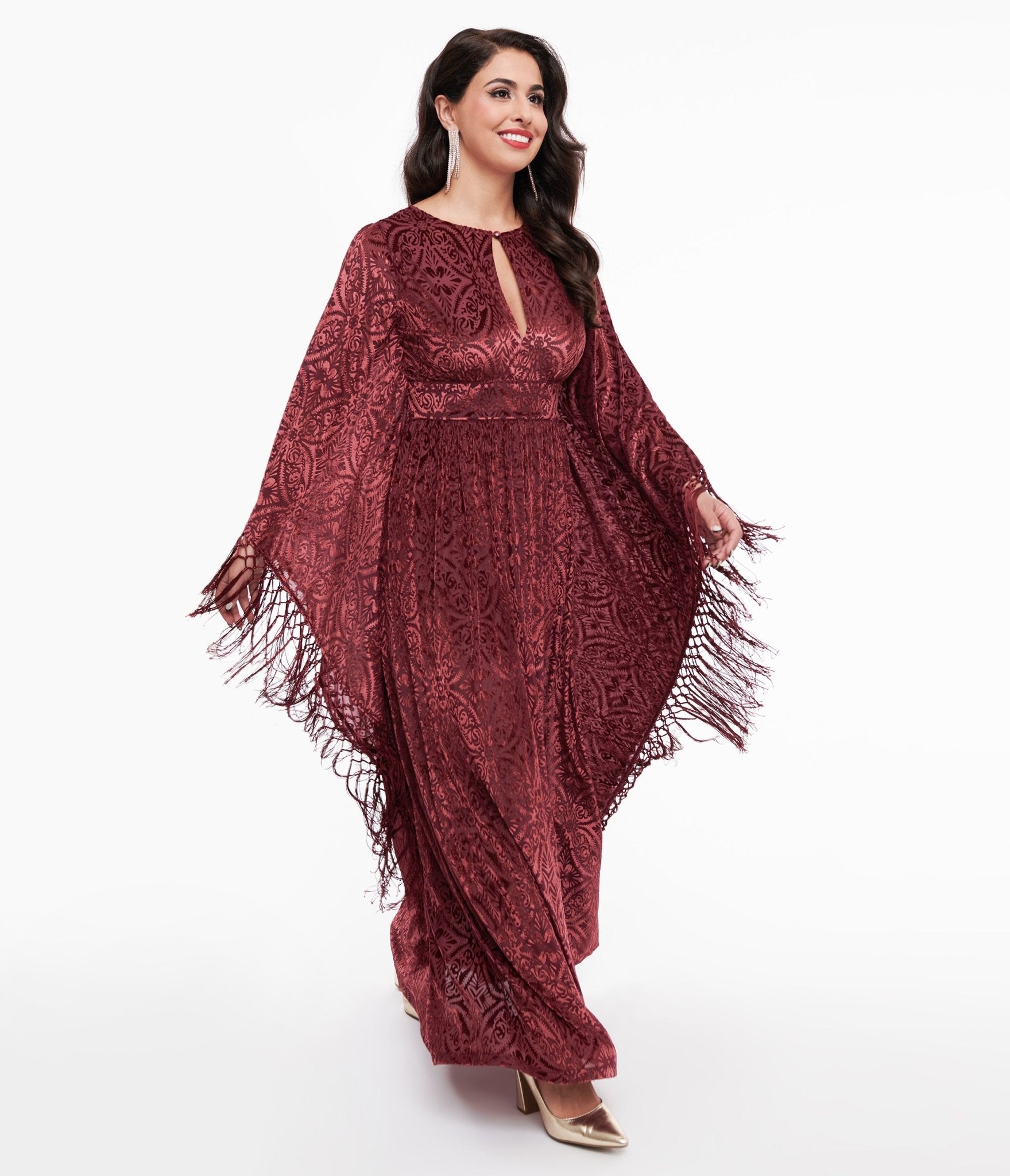 Unique Vintage 1960s Burgundy Velvet Burnout Caftan