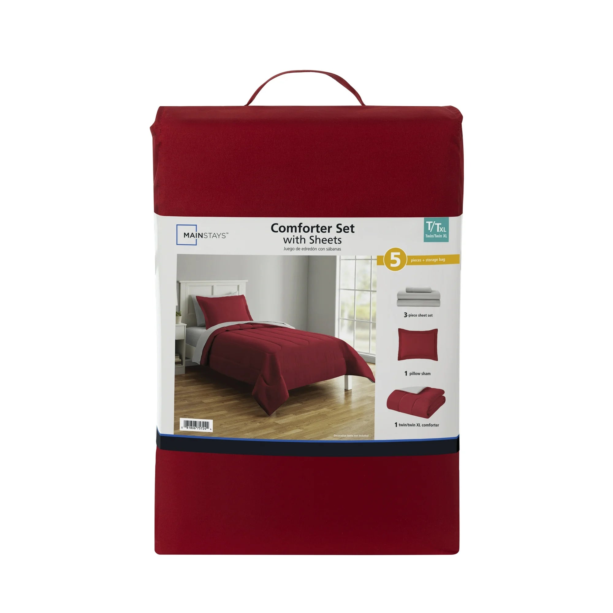 Mainstays 5 Piece Reversible Bed in a Bag Comforter Set with Sheets, Red, Twin-XL