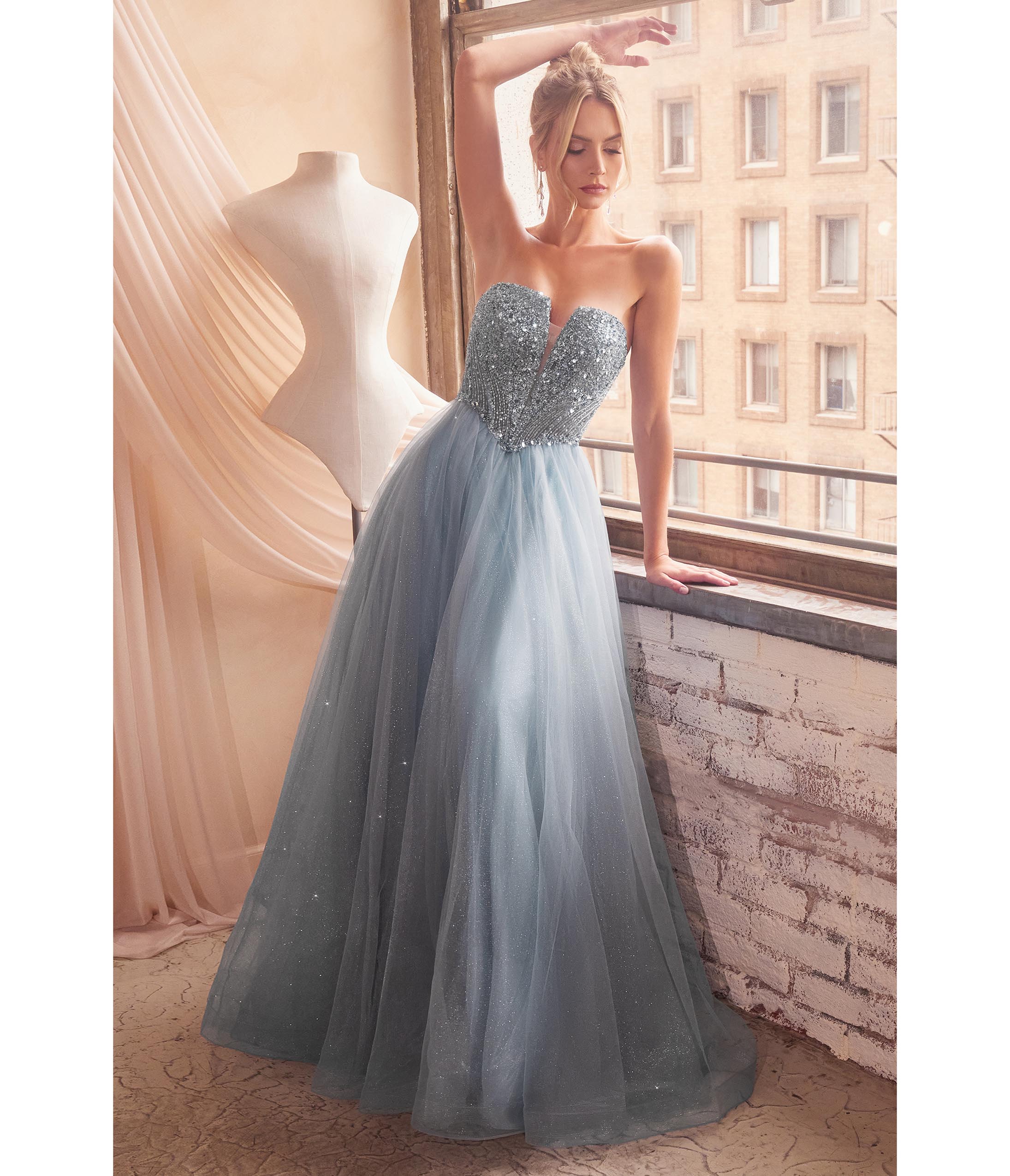 Ladivine by Cinderella Divine Smoky Blue Glitter Bodice & Tulle Prom Ball Gown