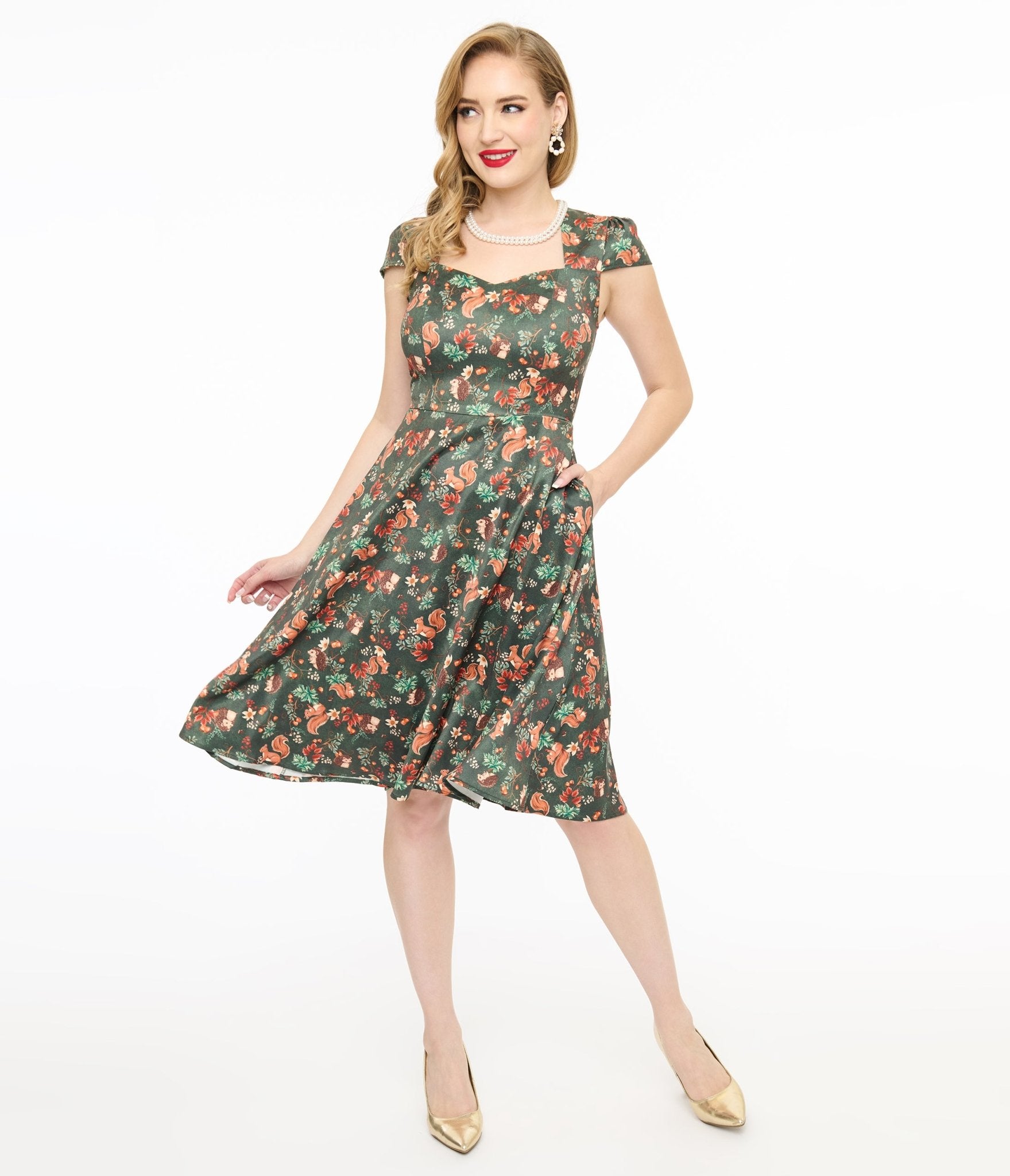 Voodoo Vixen 1950s Green Woodland Squirrel Print Swing Dress