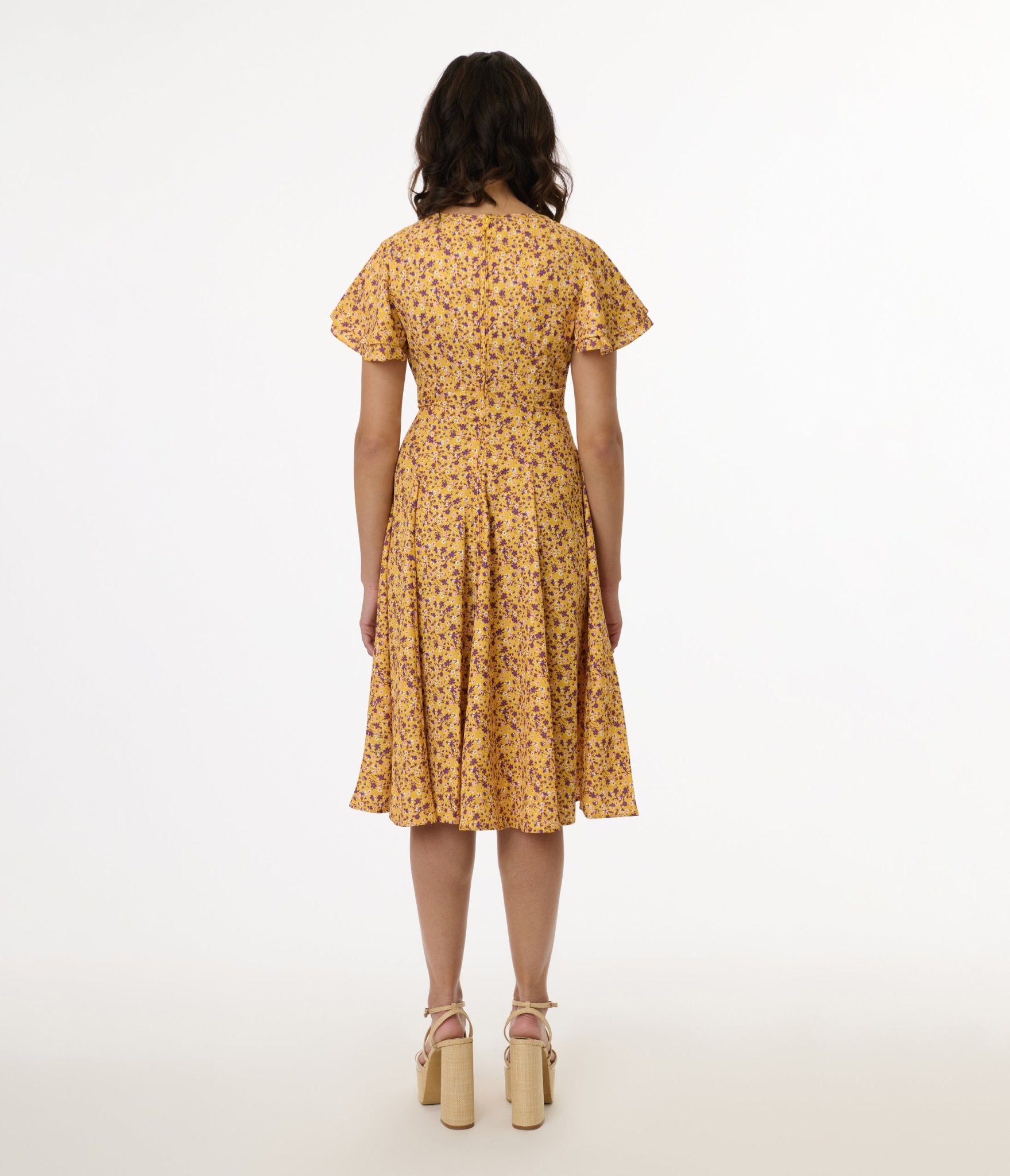 1950s Yellow & Purple Floral Capelet Swing Dress