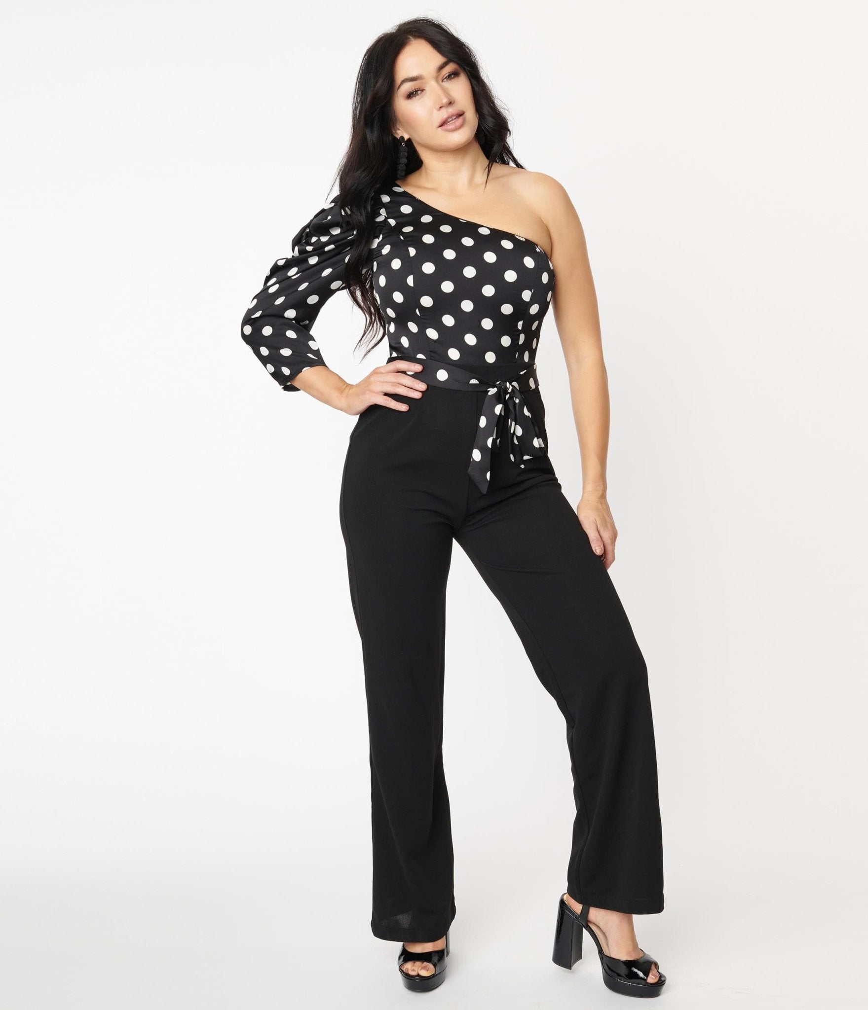 1970s Black & White Polka Dot One Shoulder Jumpsuit