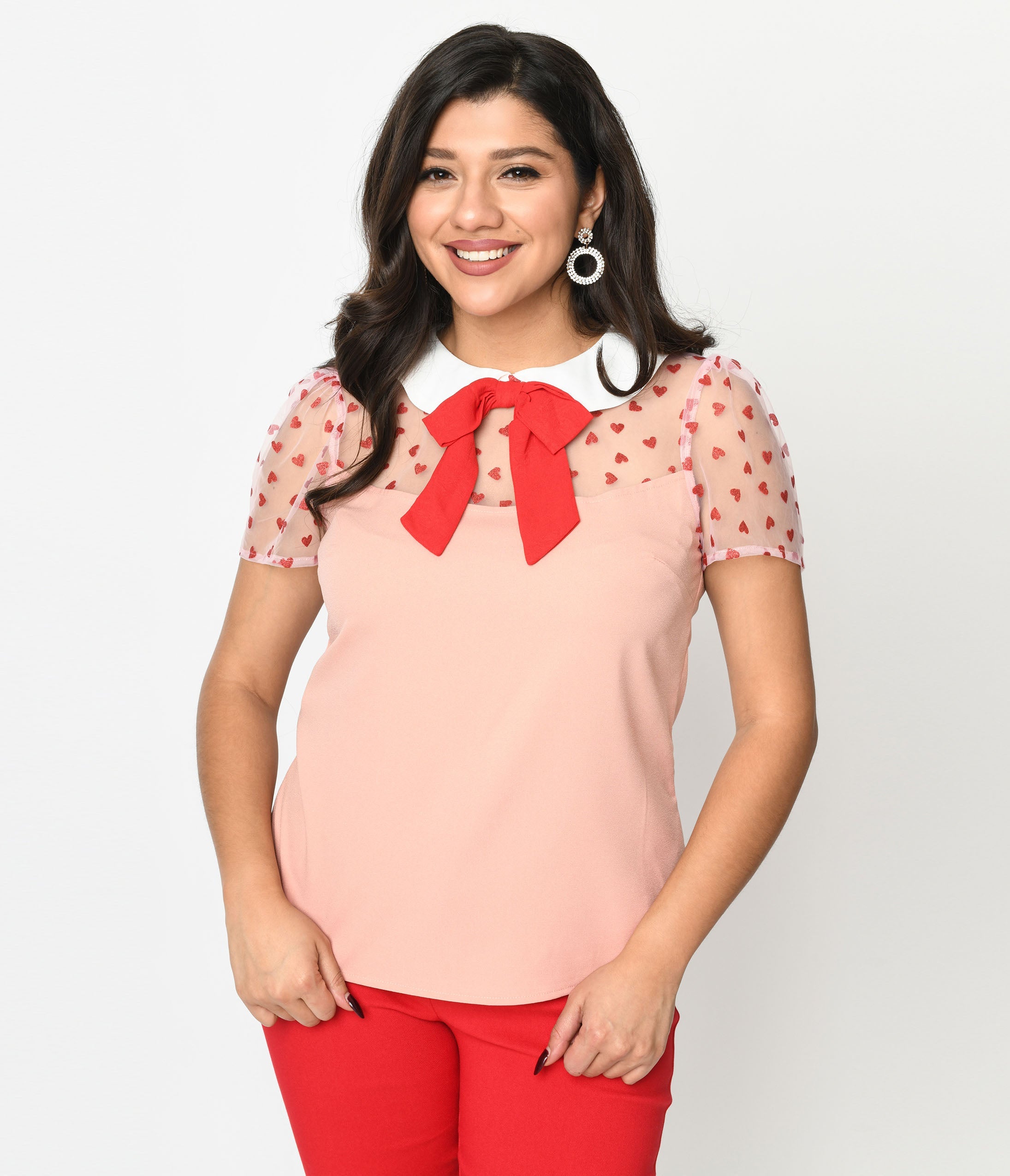 Smak Parlour Pink & Red Hearts Collared Bow Blouse