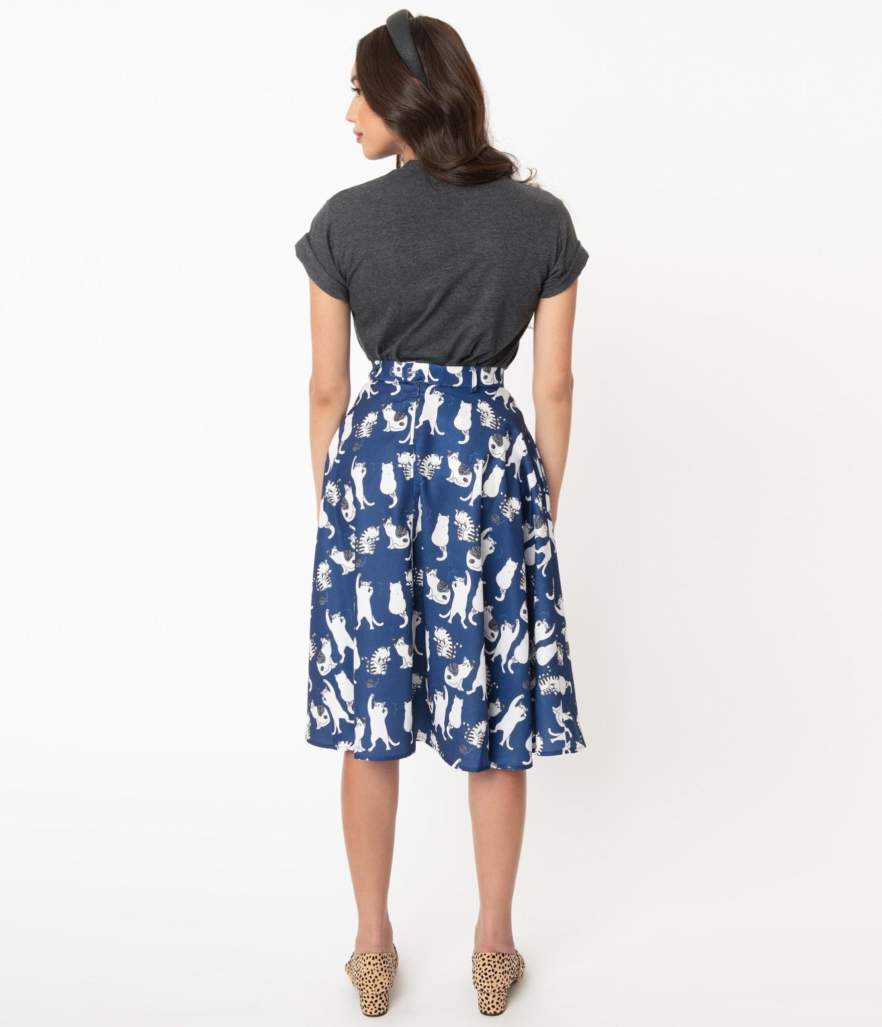 Vintage Style Navy & White Cat Print Swing Skirt