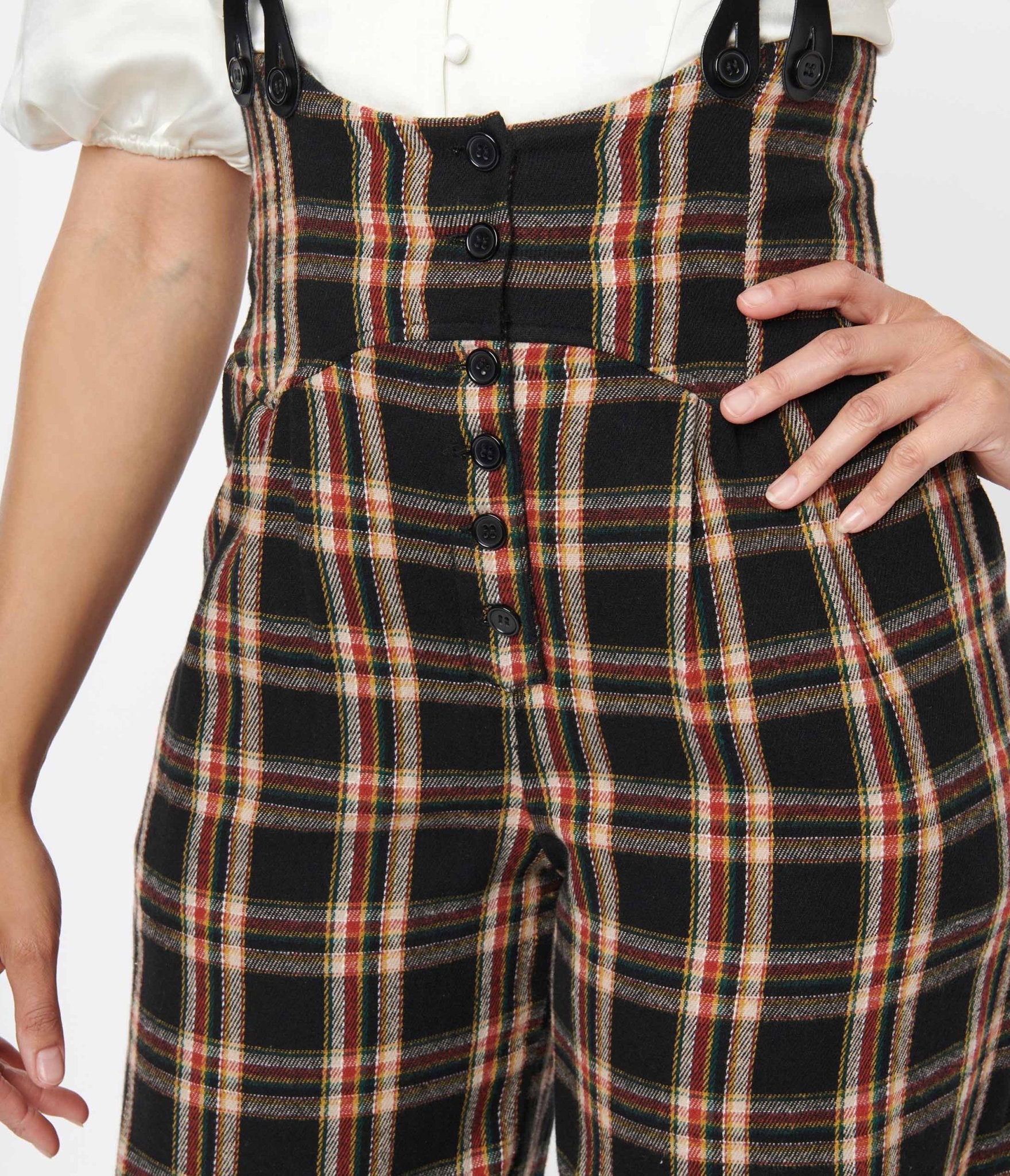 Unique Vintage 1930s Black & Auburn Plaid Thelma Suspender Pants