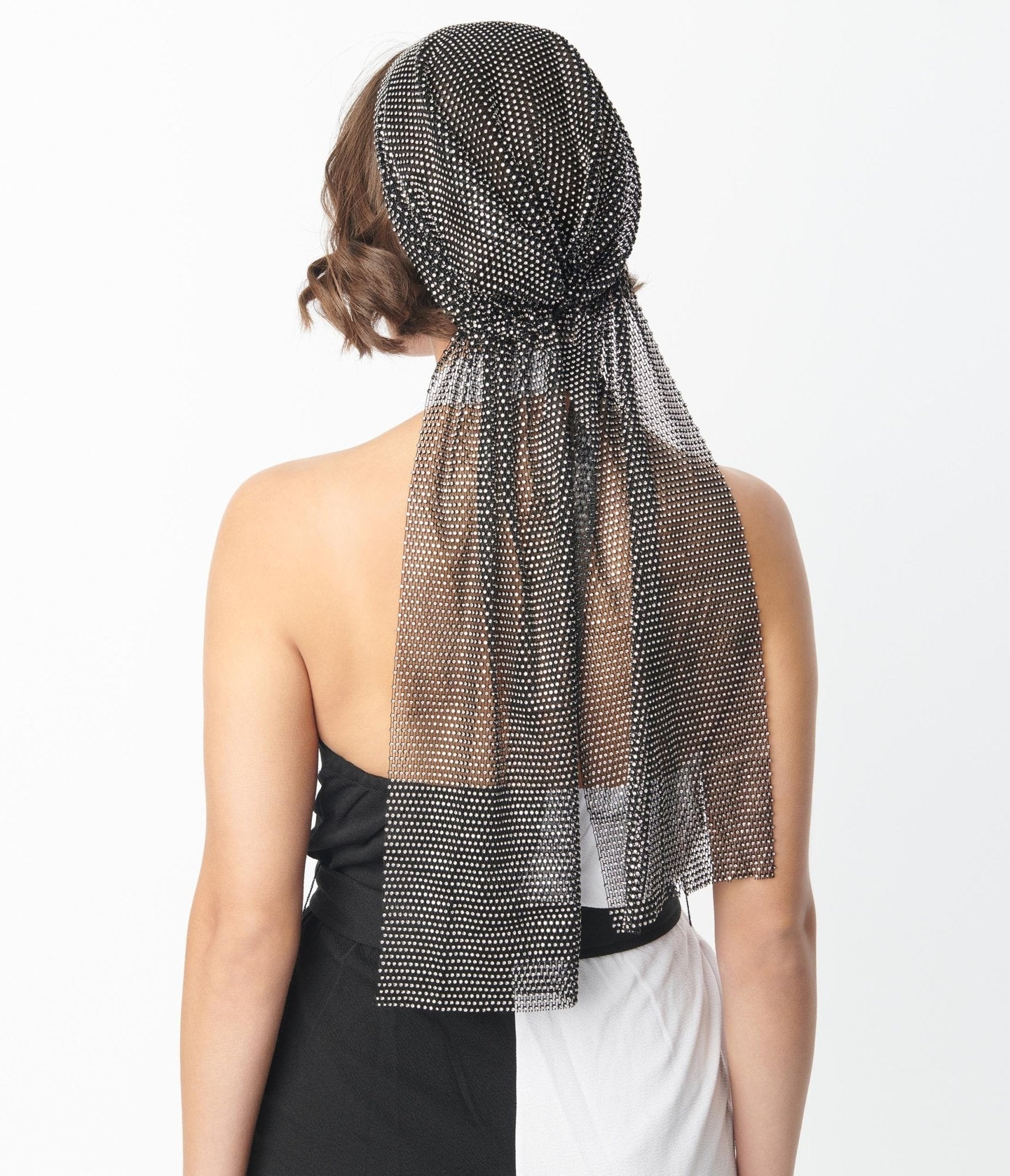 Black Mesh & Silver Rhinestone Headscarf